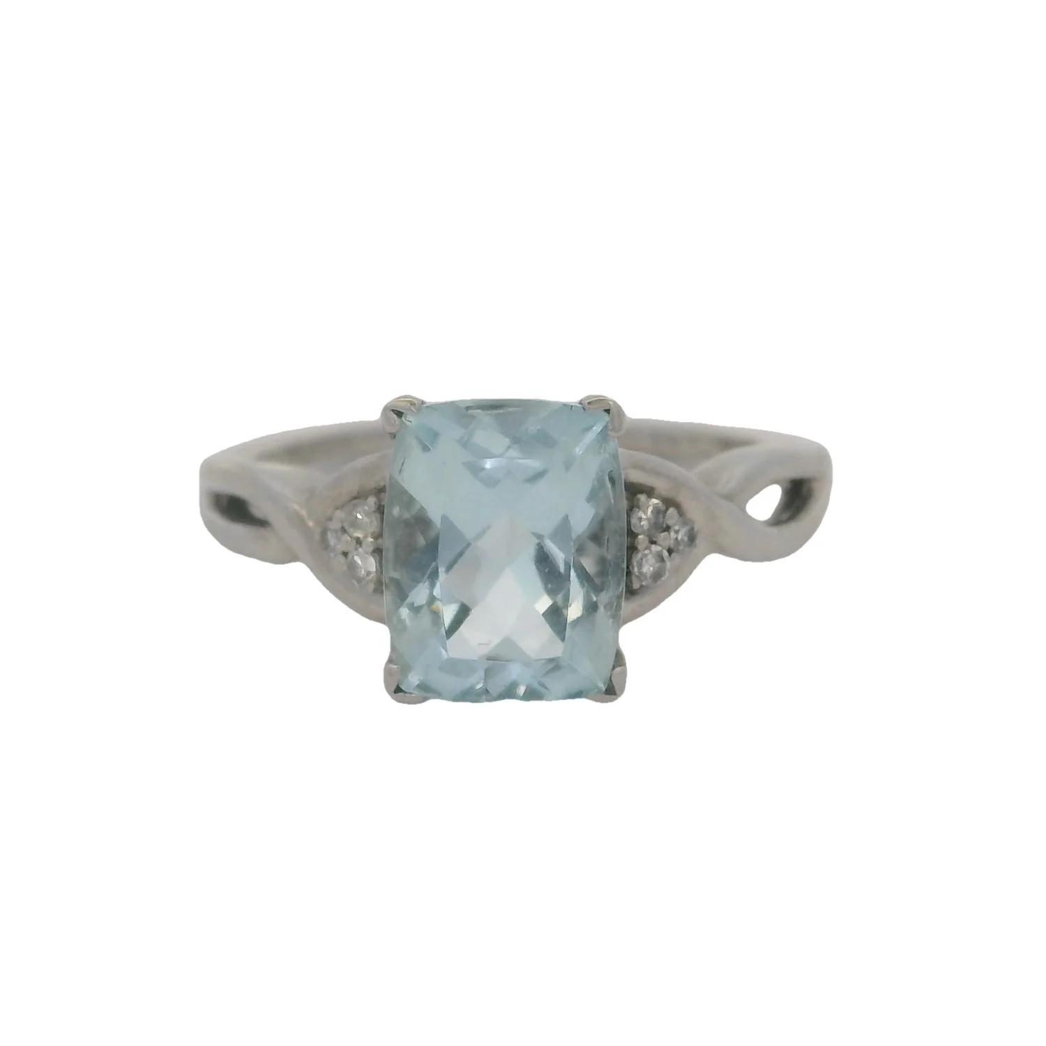 10kt White Gold Rectangle Cushion Cut Aquamarine Solitaire and Accent Diamond Ring Size 7 Made In India - Image 2