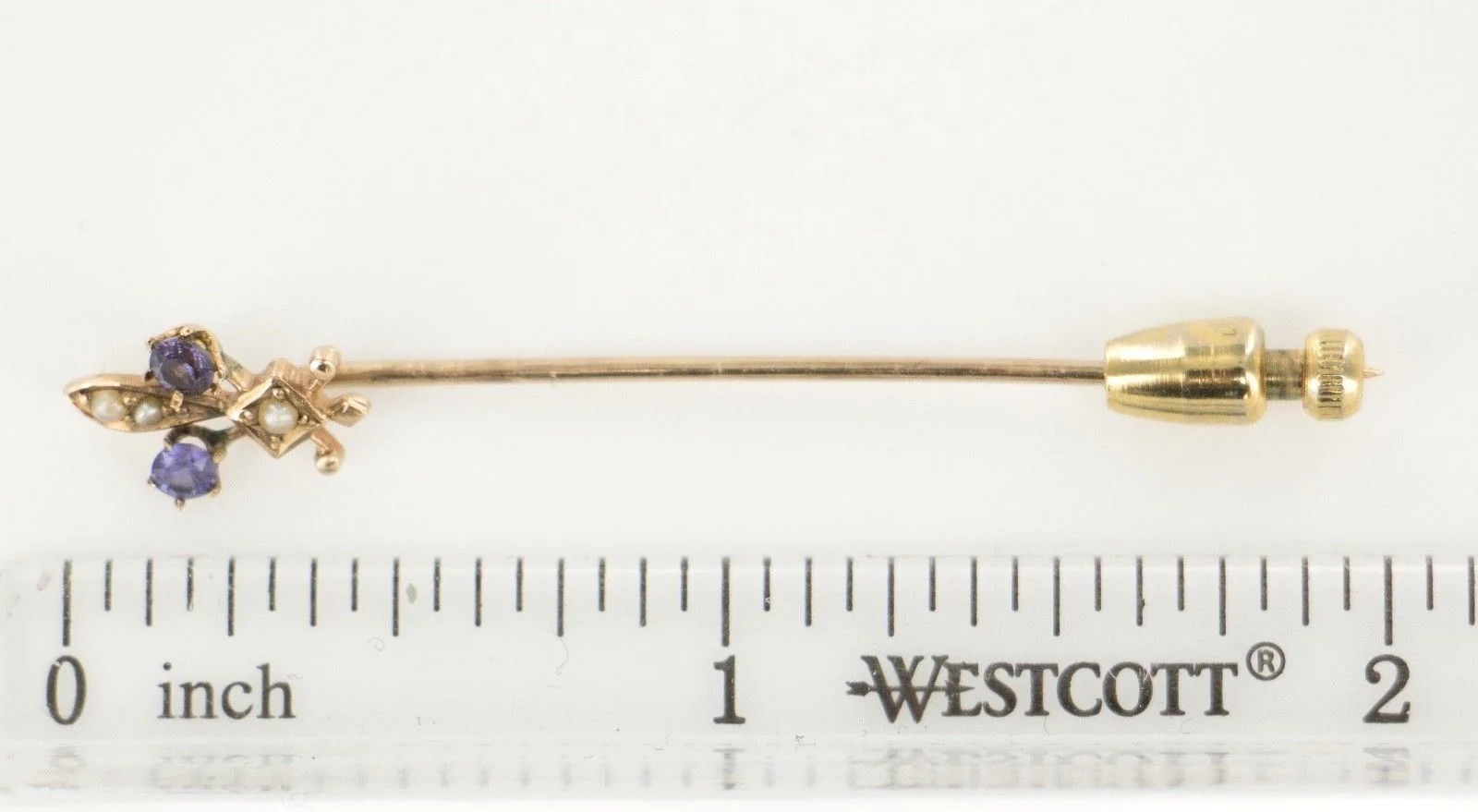14 KT Gold Amethyst Seed Pearl Stick Lapel Pin Brooch - Image 4