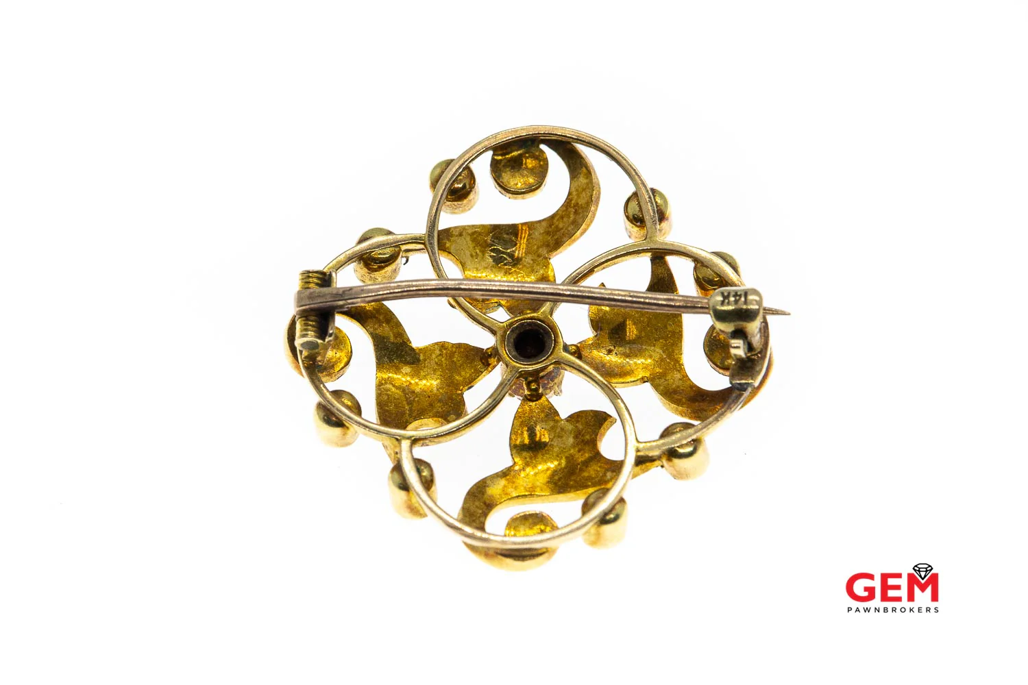 14 KT Yellow Gold Green Enamel Pearl Pin Brooch - Image 3