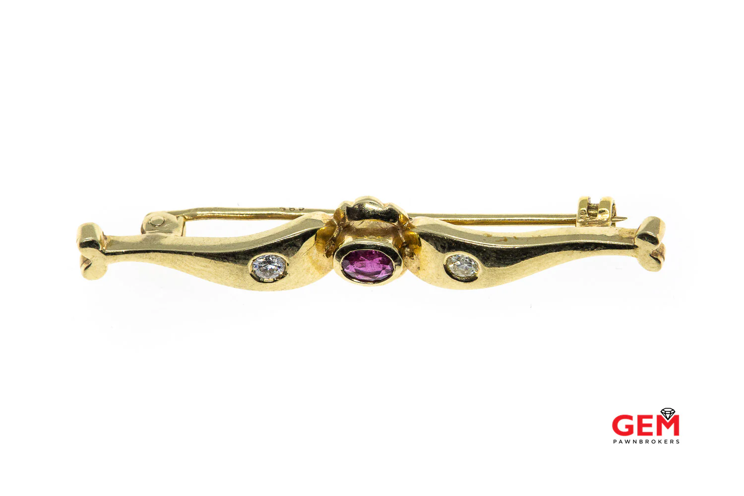 14 KT Yellow Gold Ruby Diamond Lapel Pin Brooch - Image 2