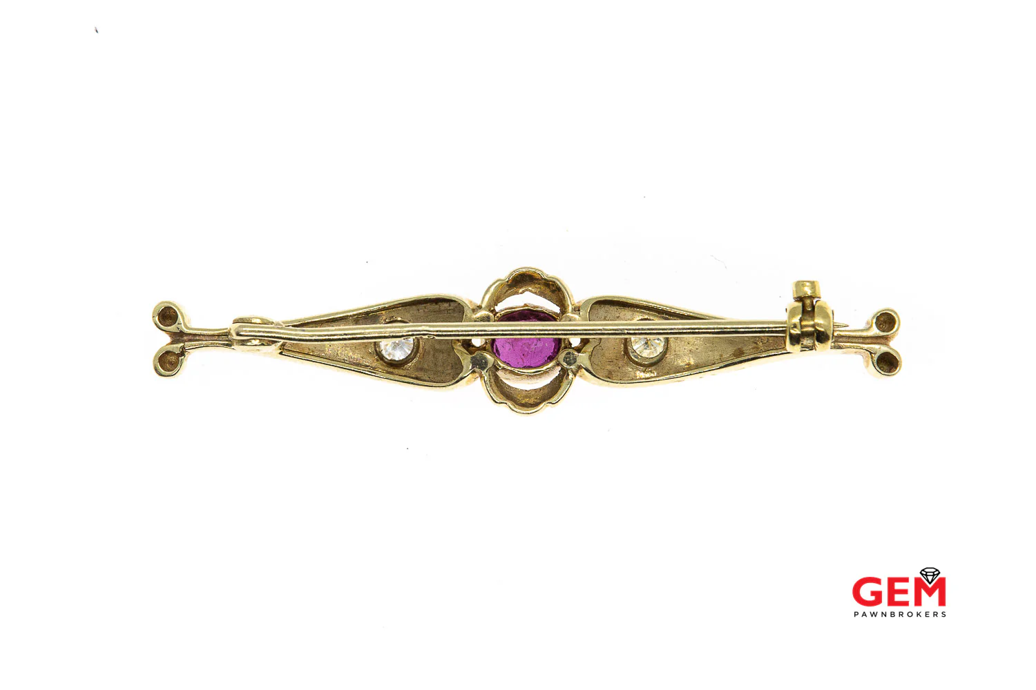 14 KT Yellow Gold Ruby Diamond Lapel Pin Brooch - Image 3