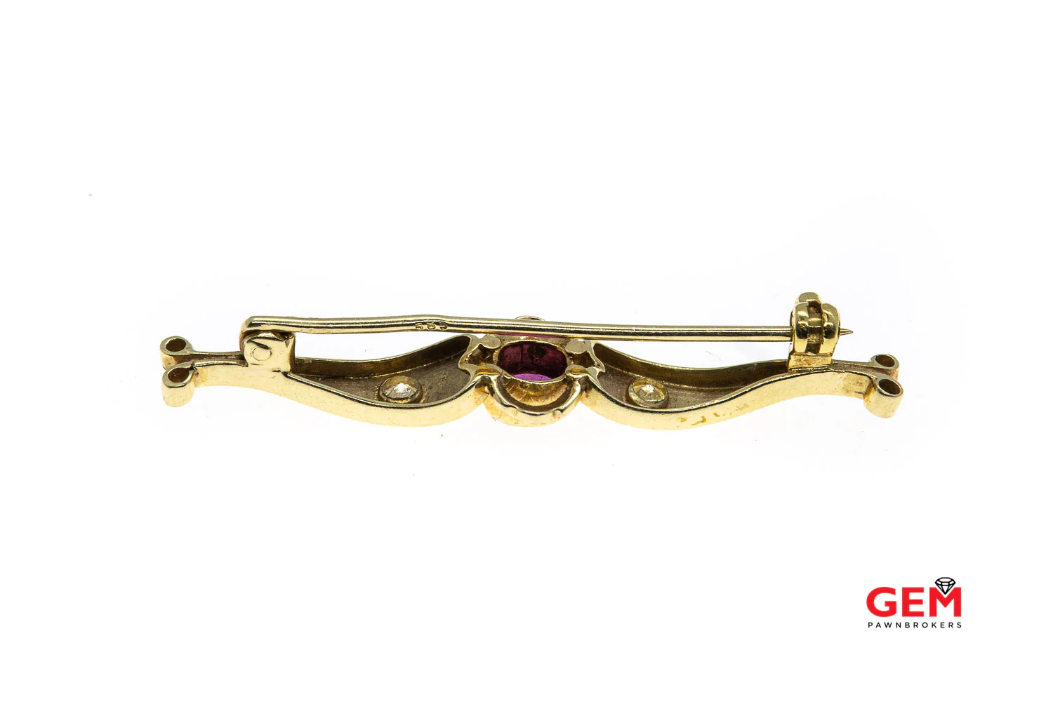 14 KT Yellow Gold Ruby Diamond Lapel Pin Brooch - Image 4