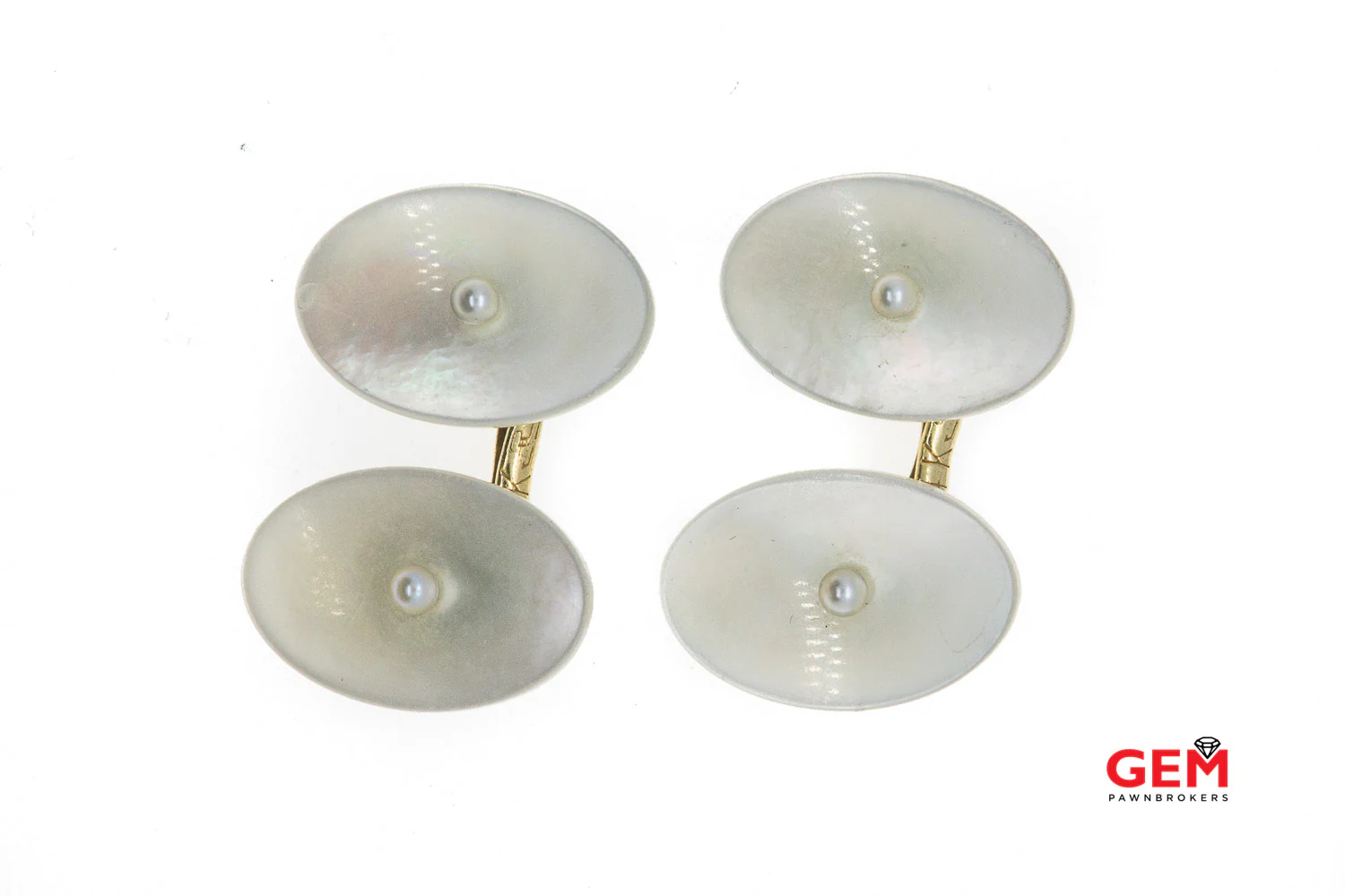 14 KT Yellow Gold Shell Mother of Pearl Bridge Cufflinks - Image 3
