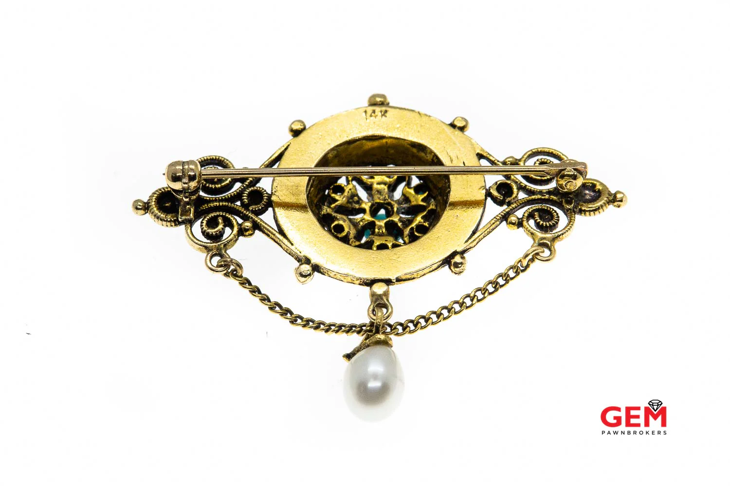14 KT Yellow Gold Turquoise Pearl Lapel Pin Brooch - Image 3