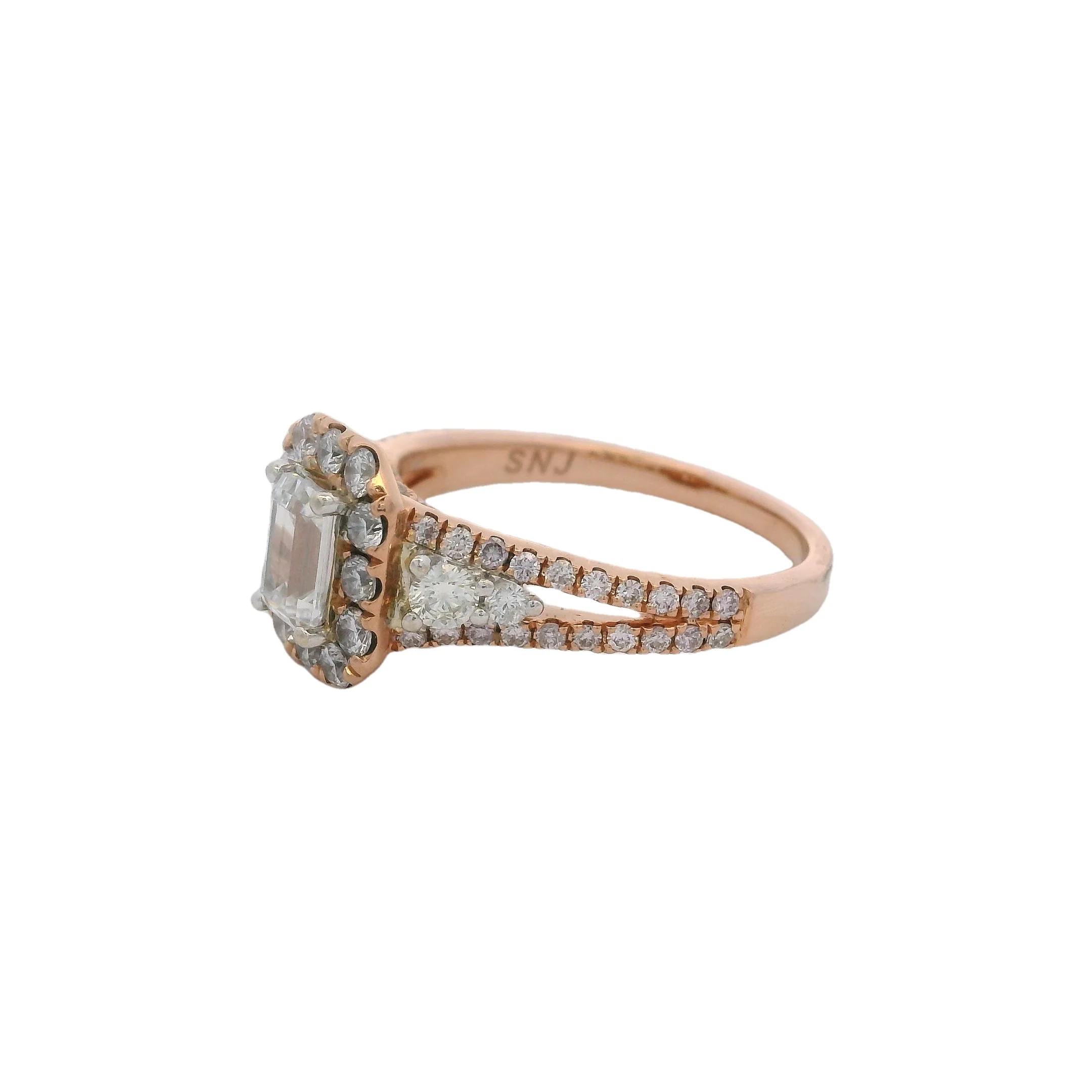 14kt Rose Gold and Emerald-Cut CZ Center Ring With Diamond Halo and Band Size 7 - Image 2
