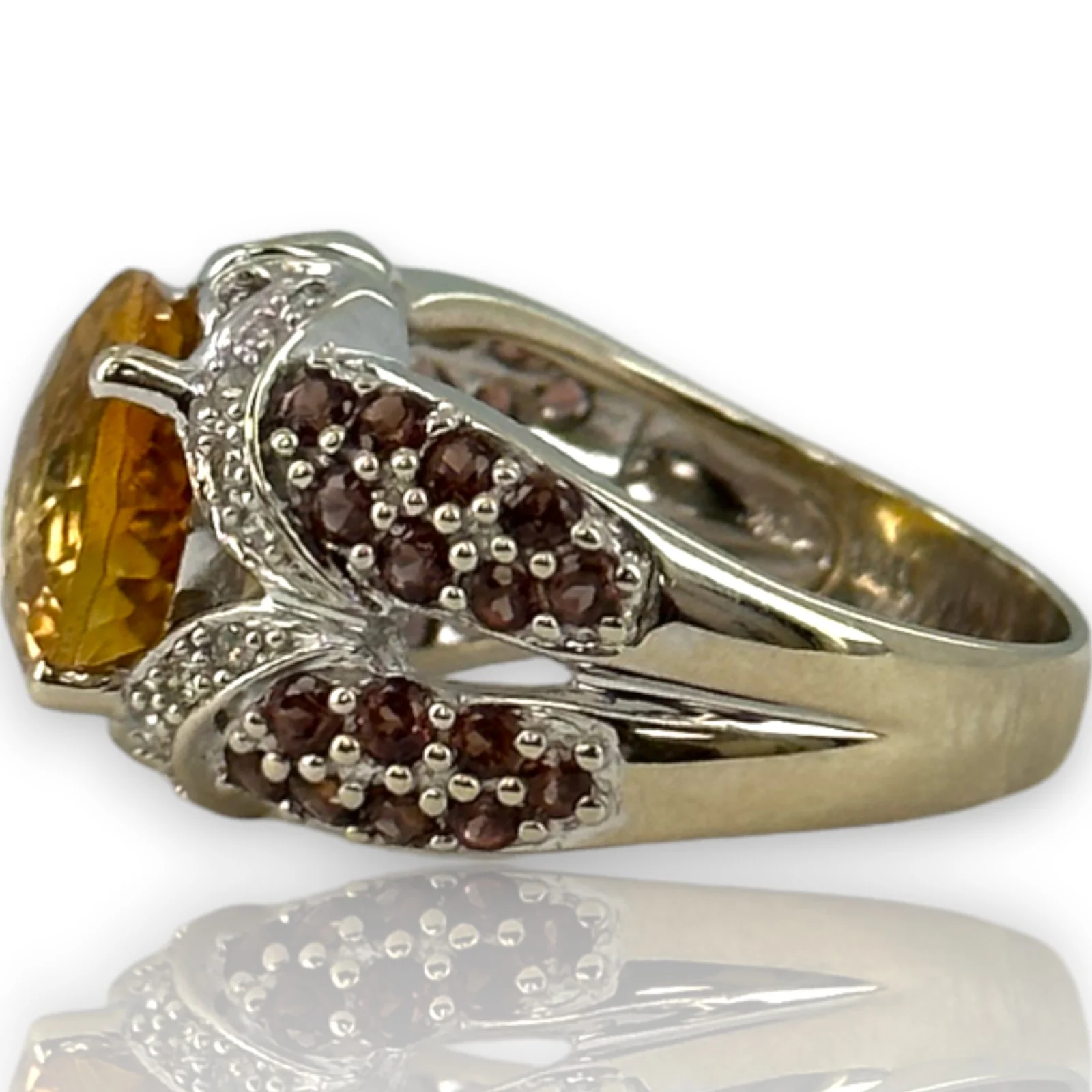 14kt Solid White Gold Cocktail Ring with Large Citrine, Diamonds, and Tourmaline Sides Size 6 - Image 3