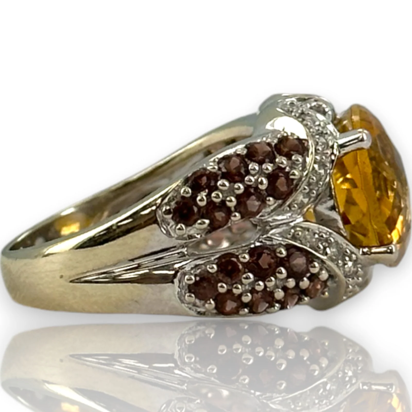 14kt Solid White Gold Cocktail Ring with Large Citrine, Diamonds, and Tourmaline Sides Size 6 - Image 4