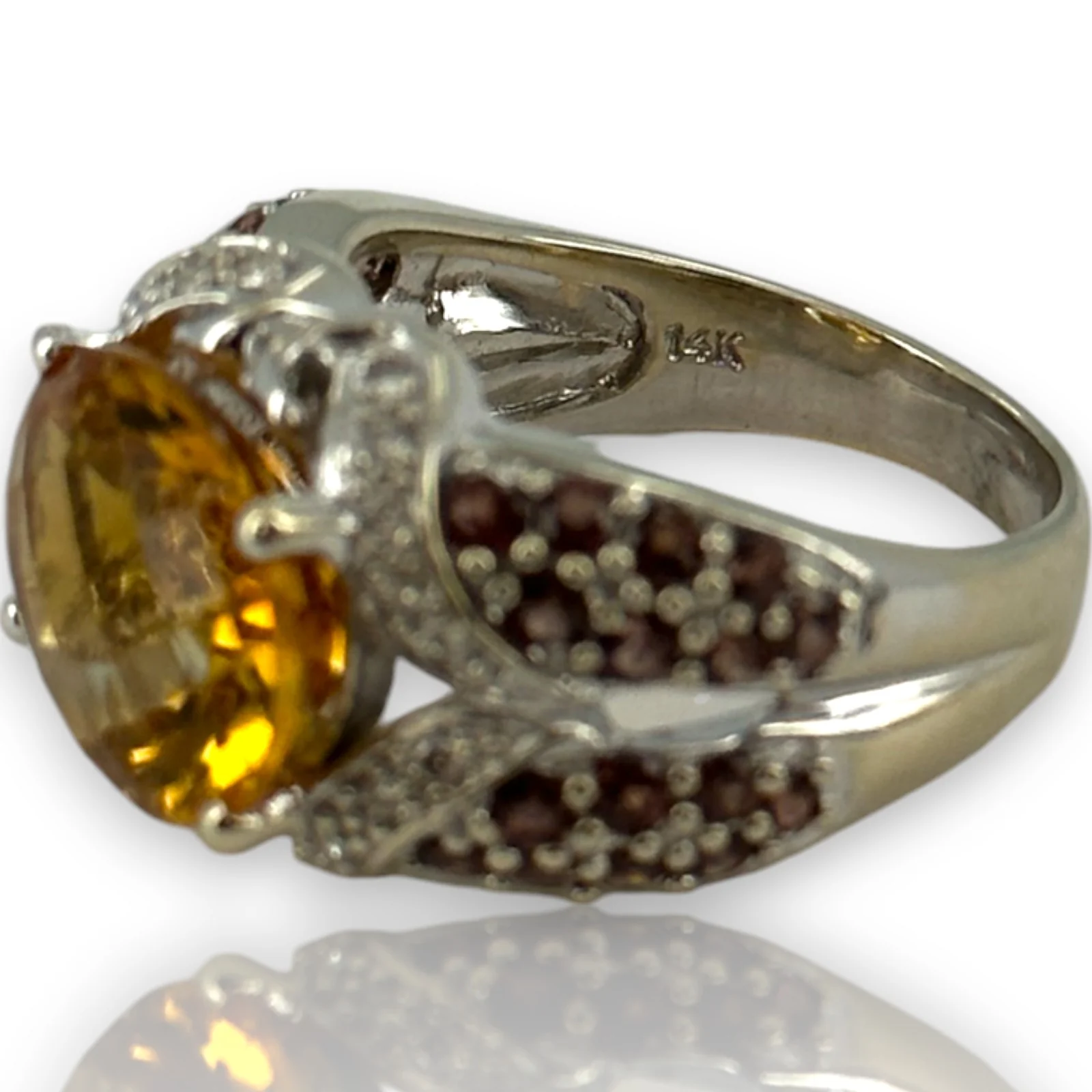 14kt Solid White Gold Cocktail Ring with Large Citrine, Diamonds, and Tourmaline Sides Size 6 - Image 7