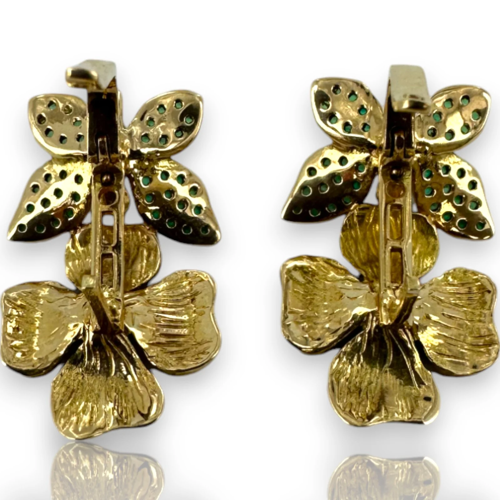 14kt Solid Yellow Gold Flower and Green Butterfly Snap Closure Stud Earrings with CZ Cubic Zirconia Stones - Image 4