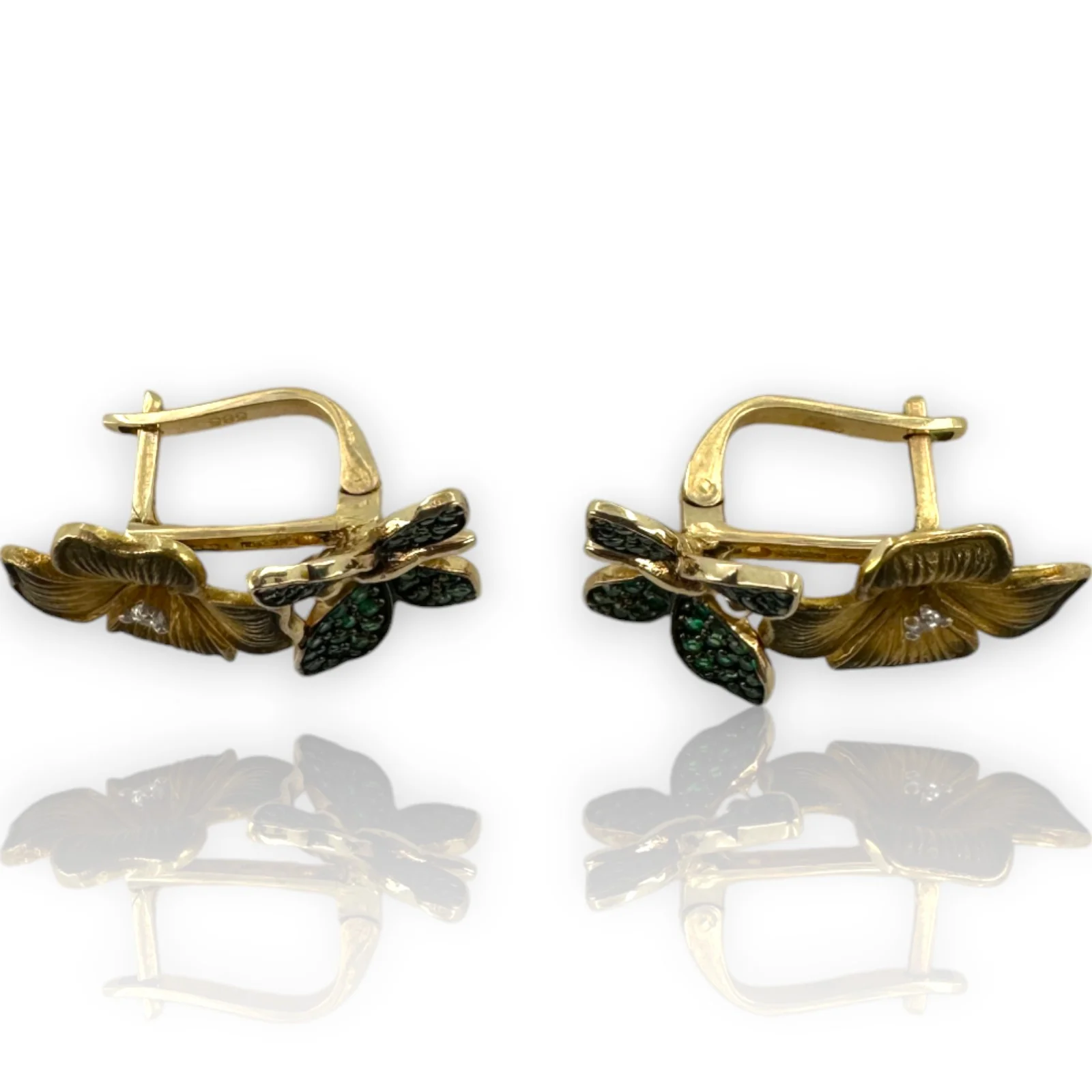 14kt Solid Yellow Gold Flower and Green Butterfly Snap Closure Stud Earrings with CZ Cubic Zirconia Stones - Image 5