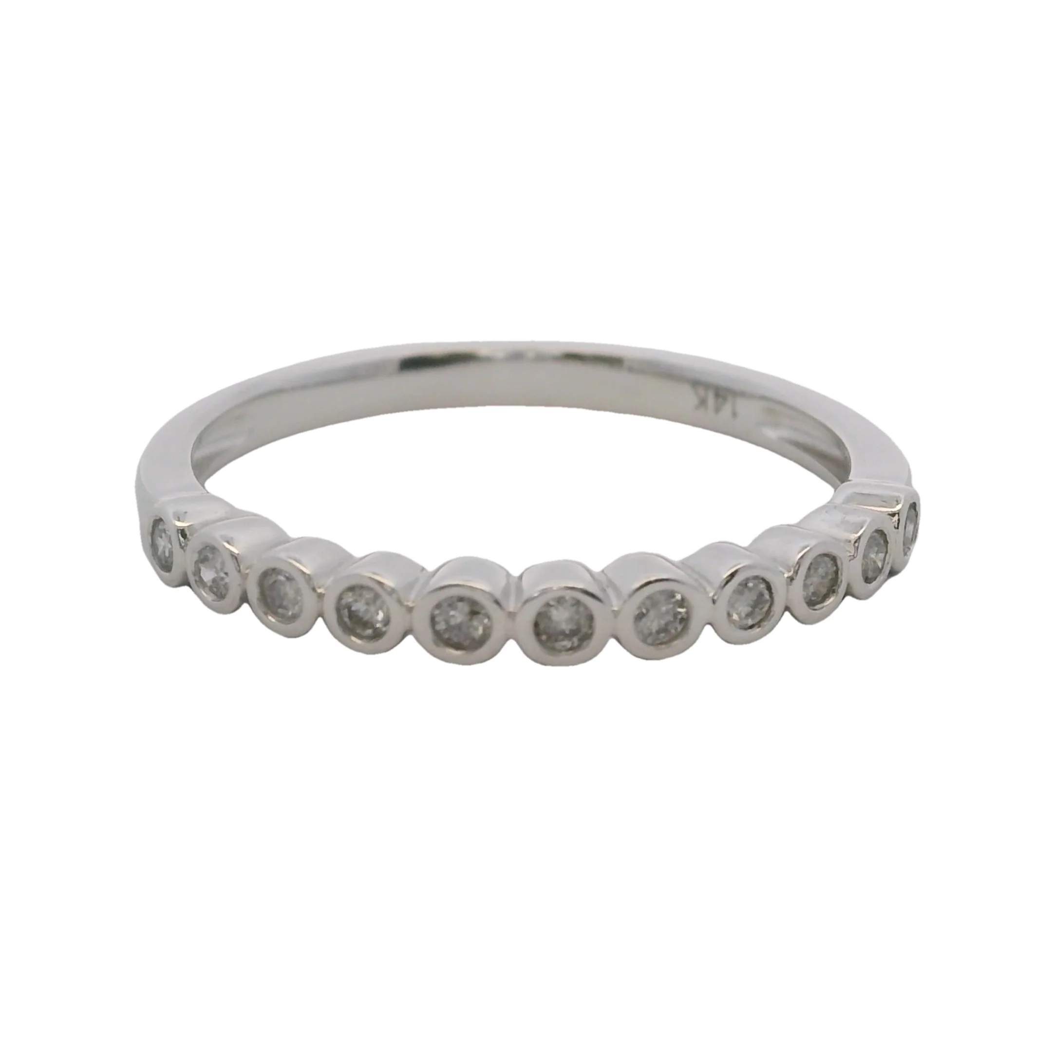 14kt White Gold and Bezel Set Round Diamond Bubble Wedding Stackable Band Ring Size 9