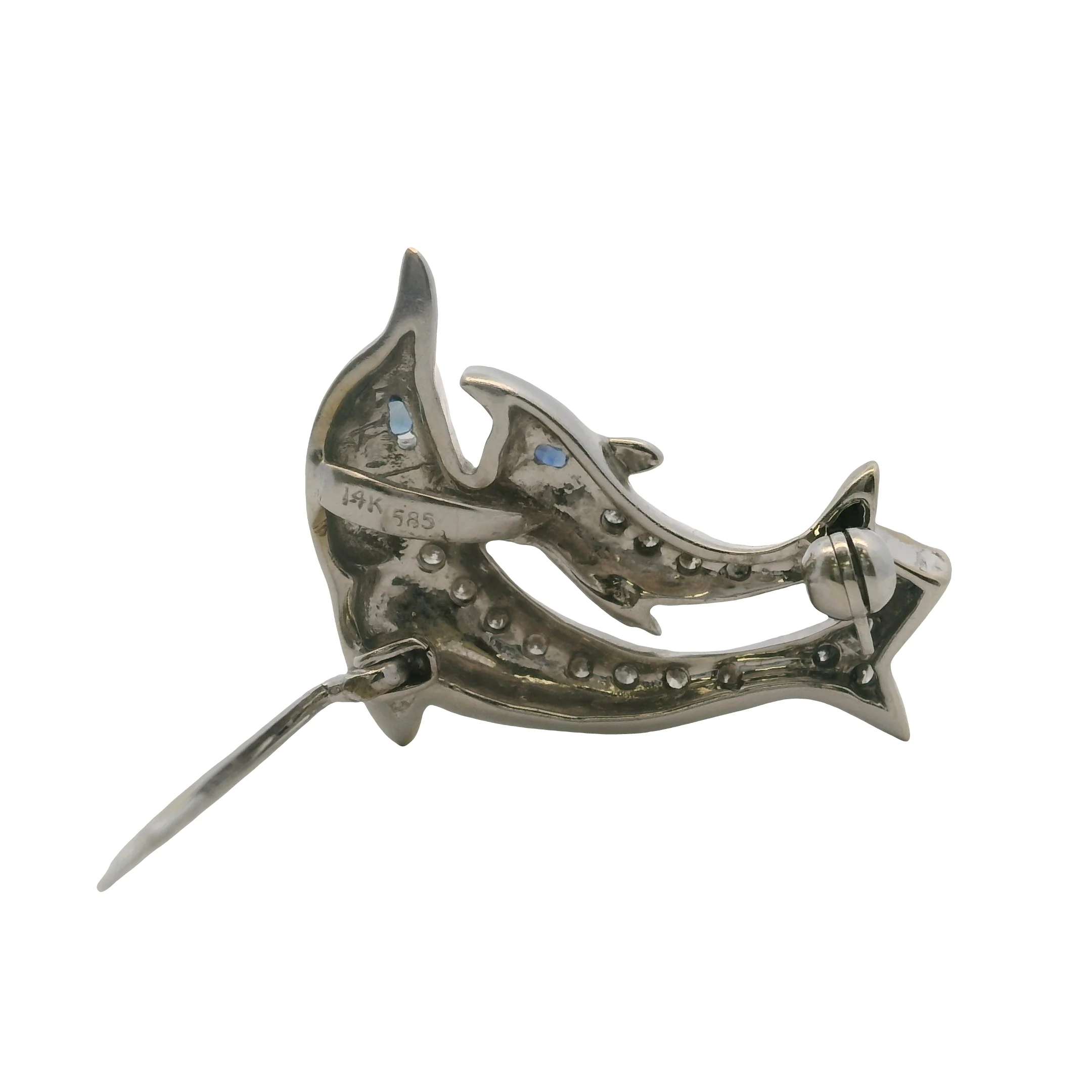 14kt White Gold and Diamond Double Dolphin Pin Brooch with Diamonds and Sapphire Eyes - Image 4