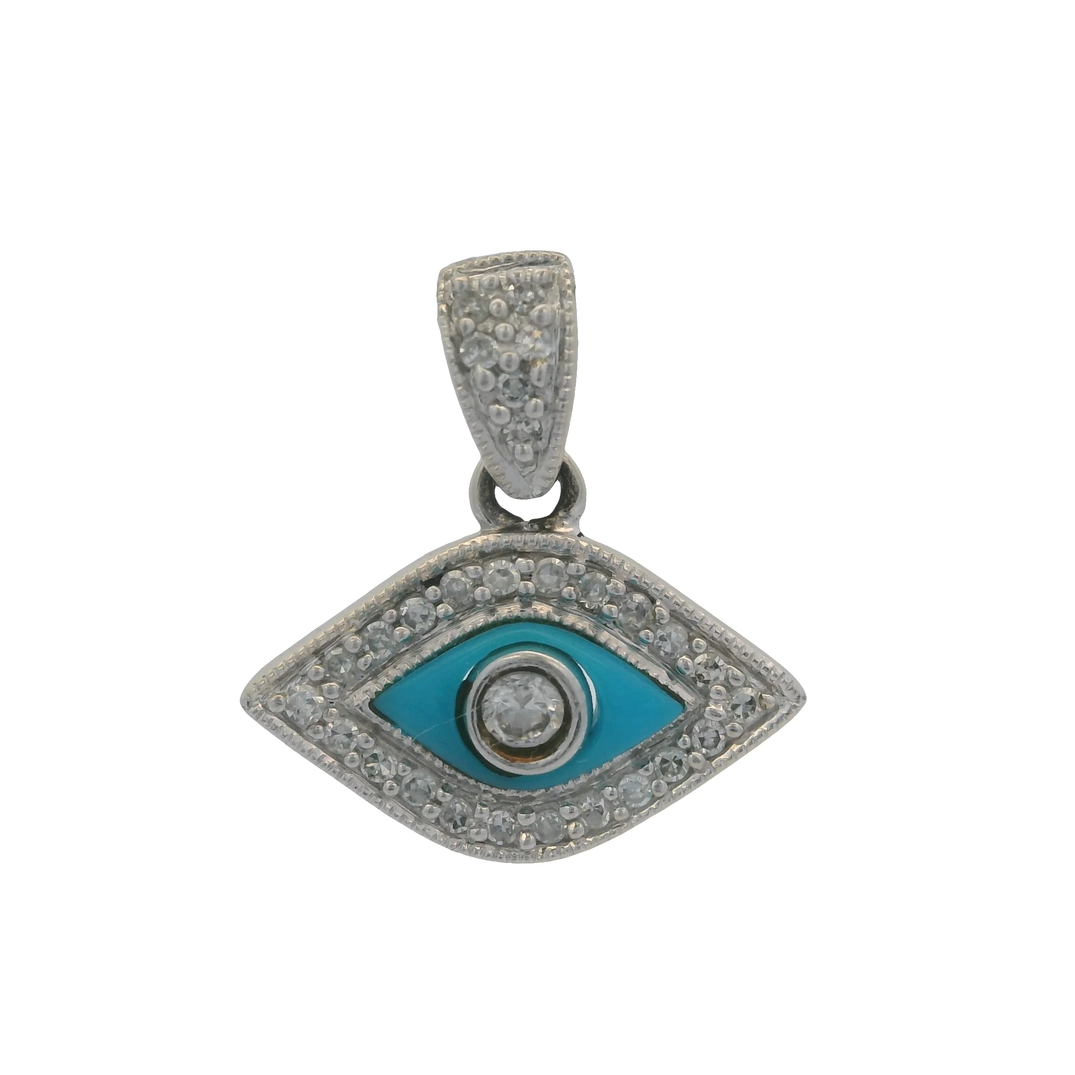 14kt White Gold, Turquoise, CZ, and Diamond Mini Evil Eye Charm Pendant - Image 2
