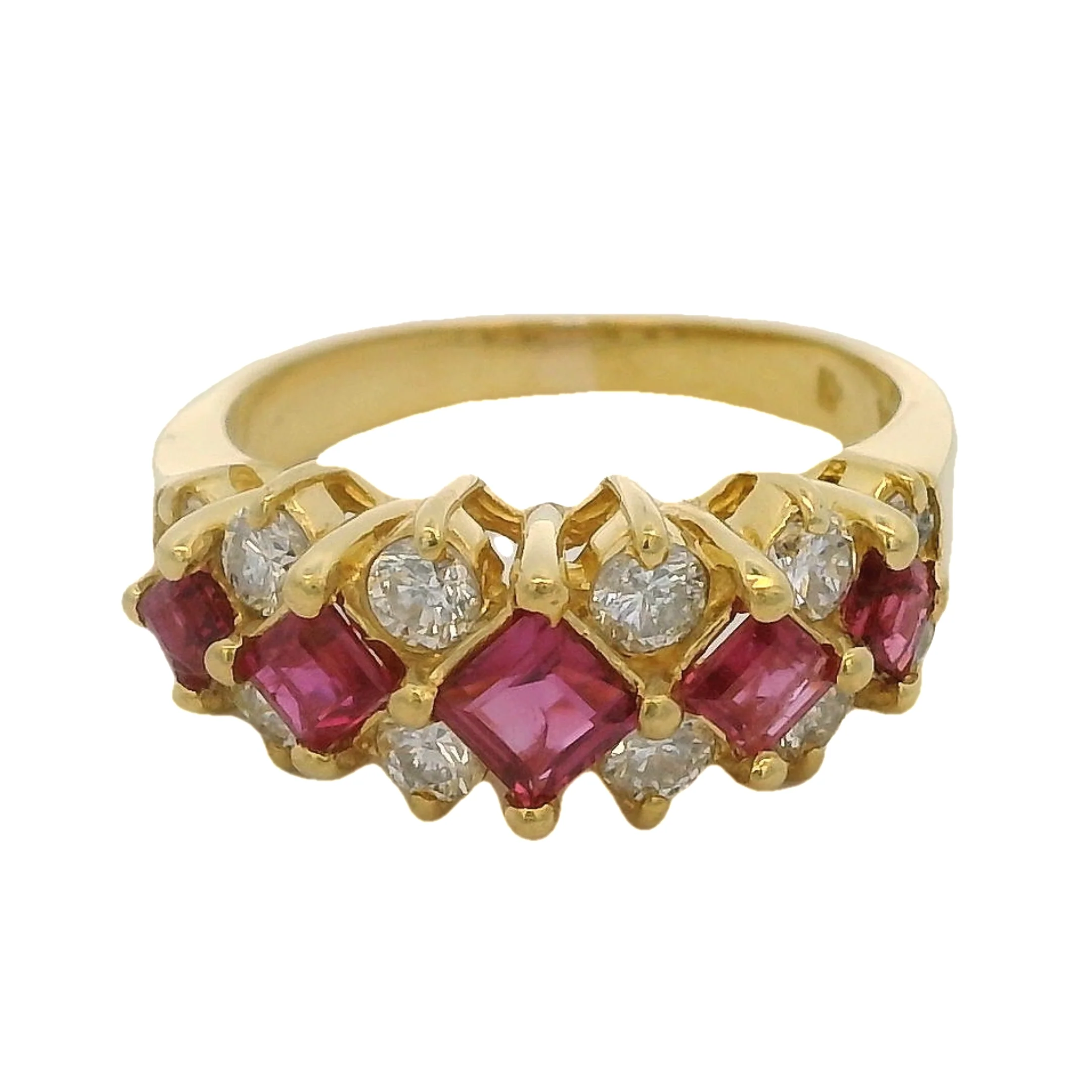 14kt Yellow Gold, Square Cut Ruby, and Diamond 7.5mm Half-Eternity Cluster Ring Size 4.75