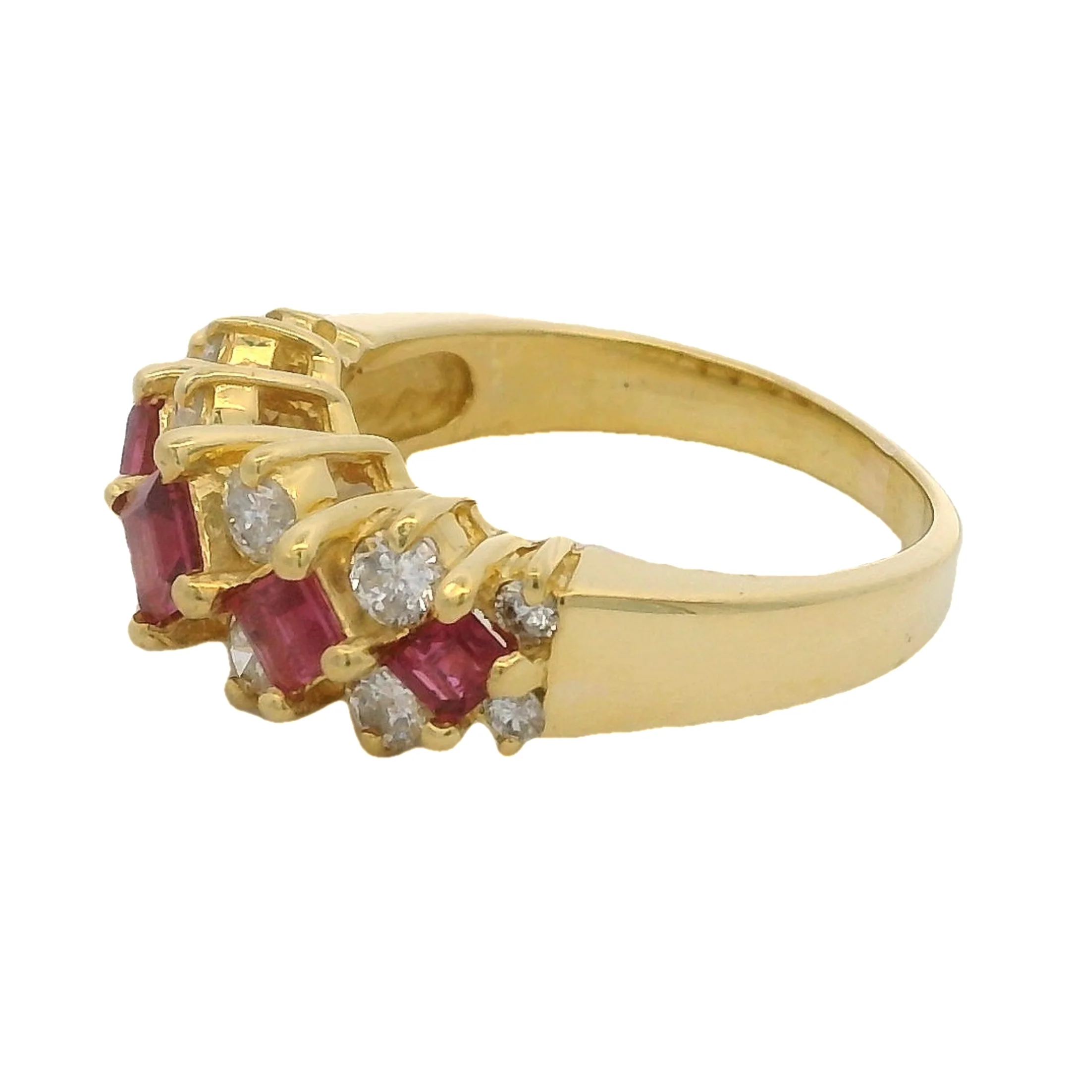 14kt Yellow Gold, Square Cut Ruby, and Diamond 7.5mm Half-Eternity Cluster Ring Size 4.75 - Image 2