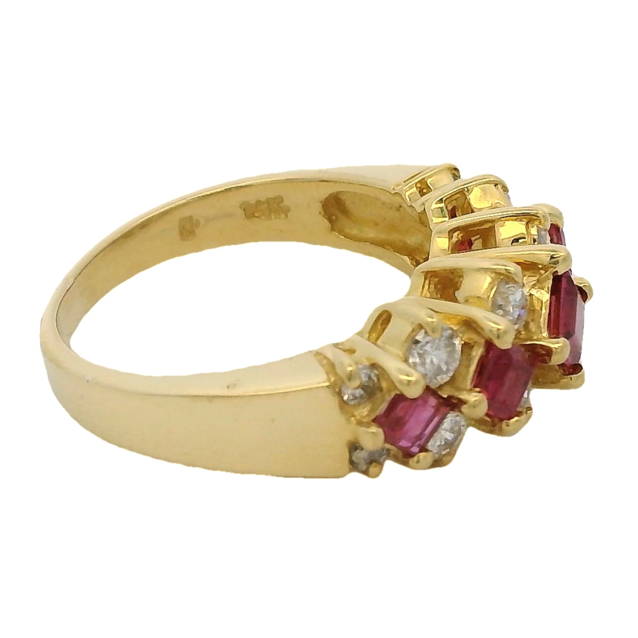 14kt Yellow Gold, Square Cut Ruby, and Diamond 7.5mm Half-Eternity Cluster Ring Size 4.75 - Image 3