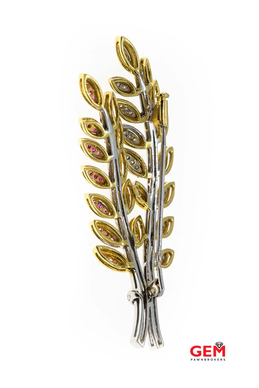 18 KT Yellow White Gold Sapphire Diamond Leaf Nature Lapel Pin Brooch - Image 2