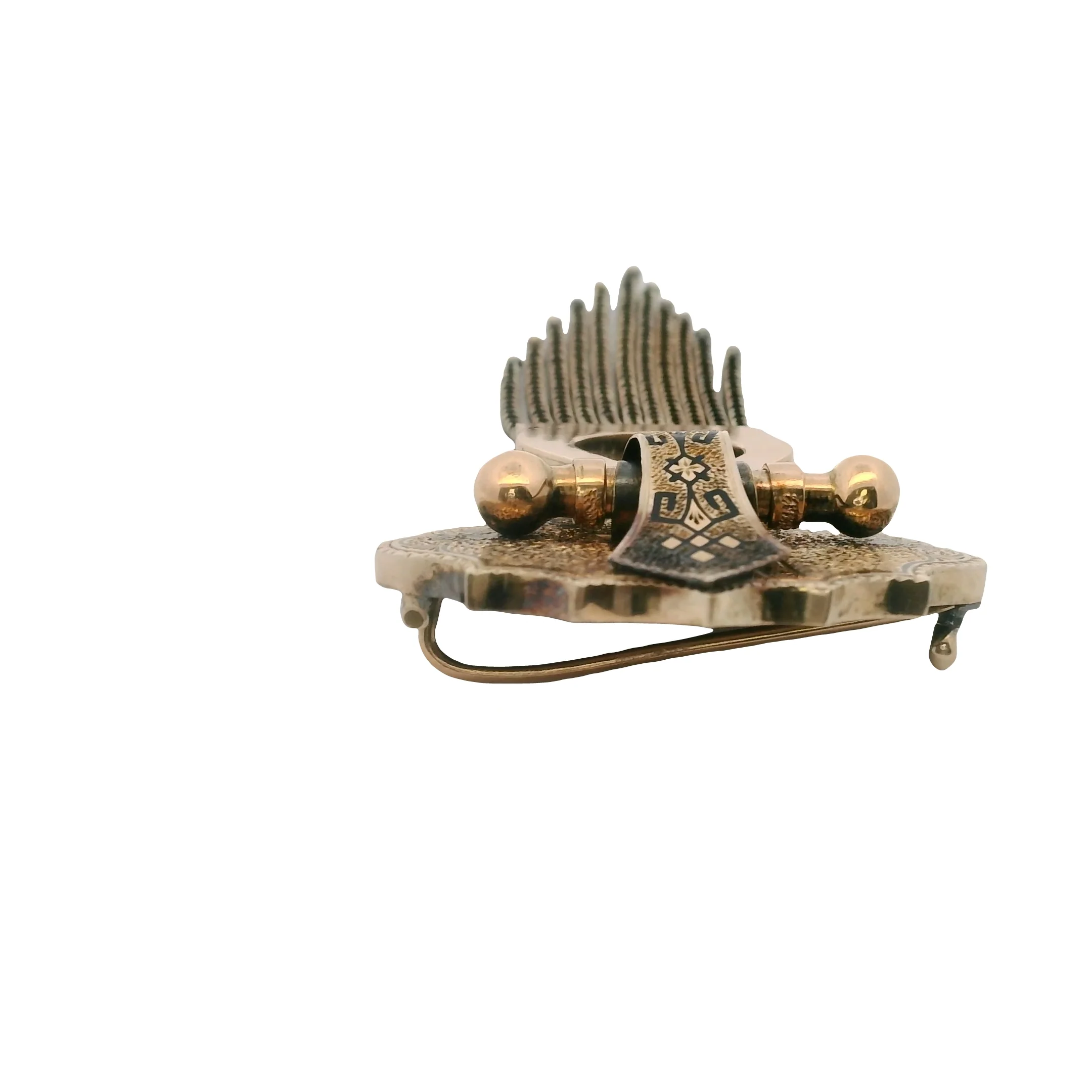 1860-1890s Victorian 10kt Yellow Gold Taille d’Epargné Black Enamel Doorknocker Tassel Brooch with Original C Clasp - Image 6