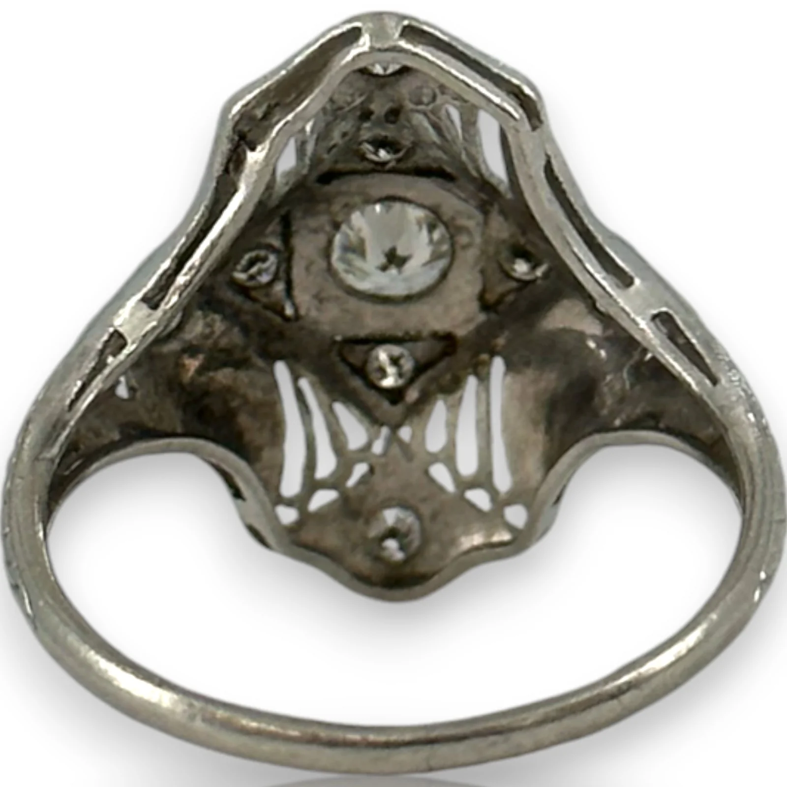 1920s 900 Platinum Art Deco Era Filigree 18mm Dinner Ring with 0.32ctw Diamonds and Milgrain Openwork Details Size 5.75 - Image 6