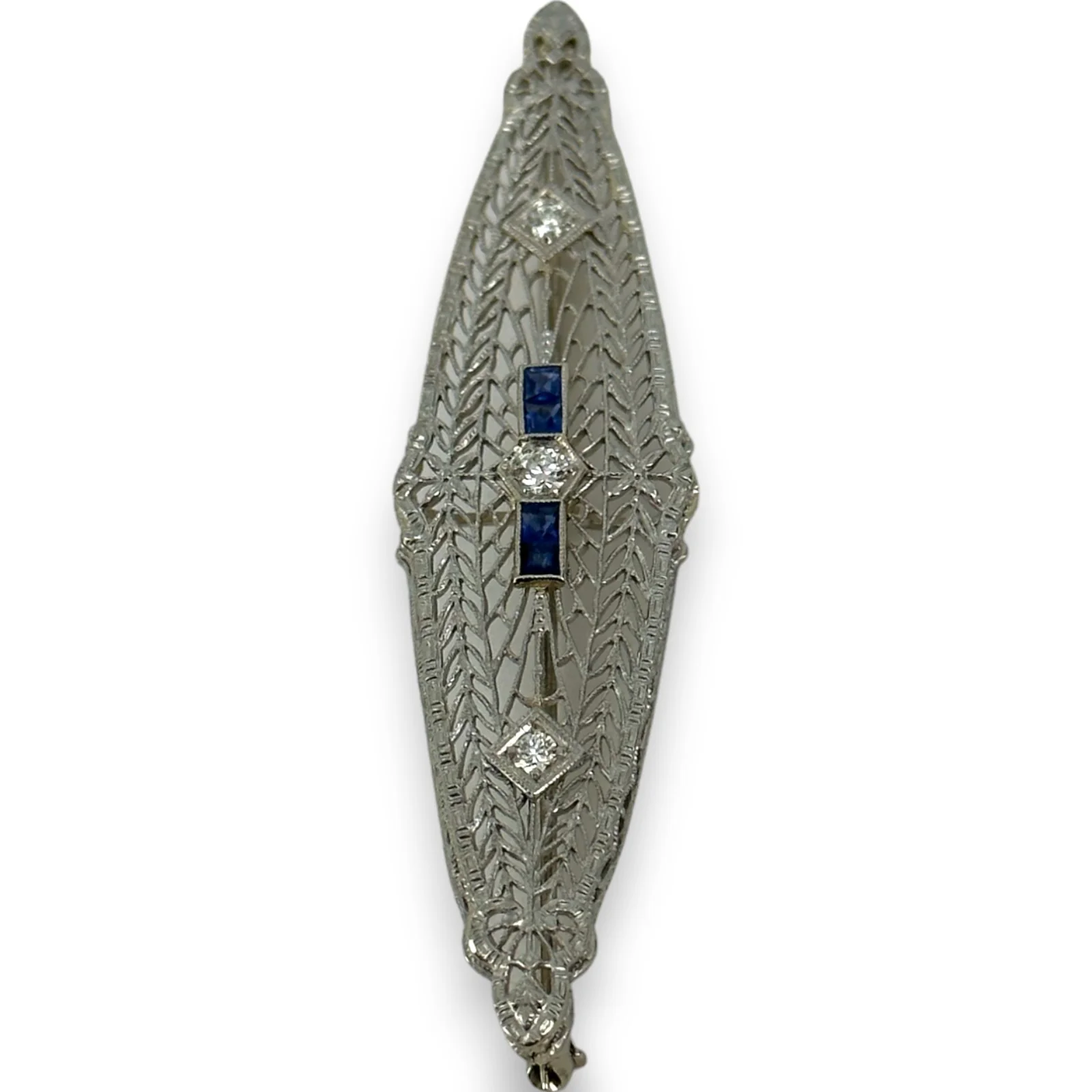 1920s Art Deco 14k White Gold Solid Rhodium Plated Top Blue Sapphire Transitional Cut Diamond Brooch Pin - Image 2