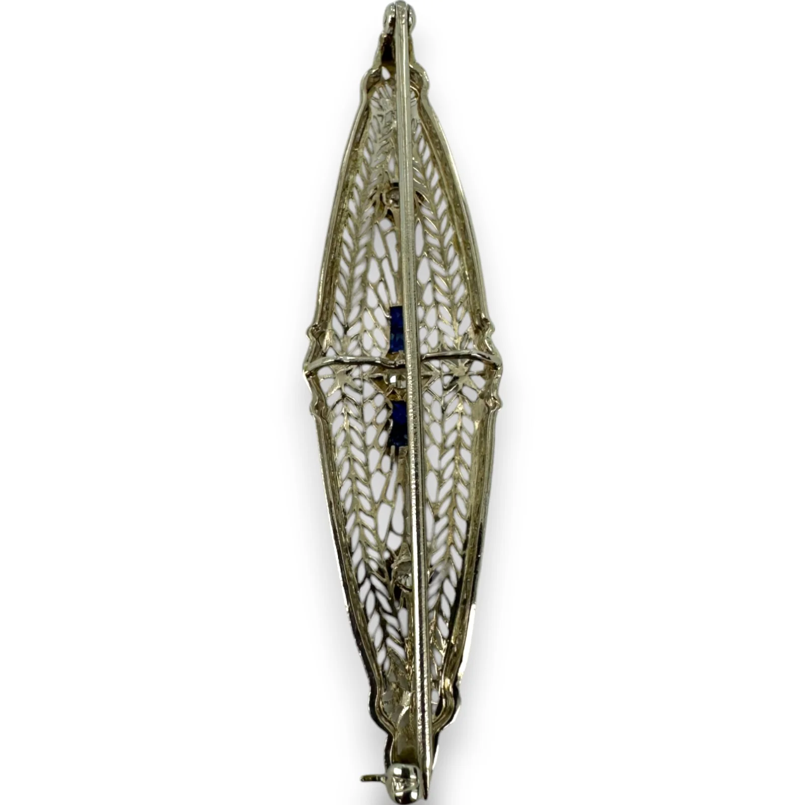 1920s Art Deco 14k White Gold Solid Rhodium Plated Top Blue Sapphire Transitional Cut Diamond Brooch Pin - Image 3