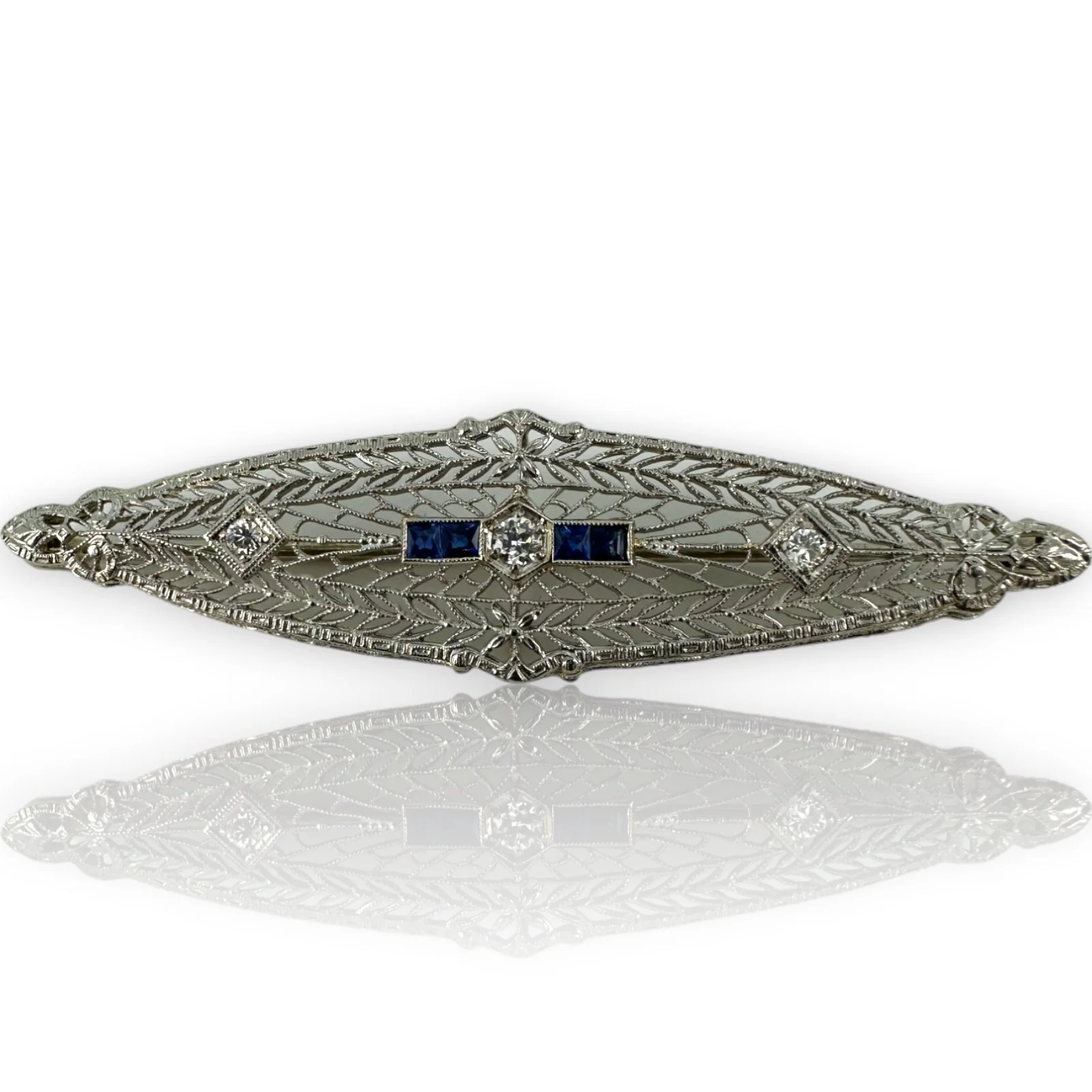 1920s Art Deco 14k White Gold Solid Rhodium Plated Top Blue Sapphire Transitional Cut Diamond Brooch Pin - Image 4