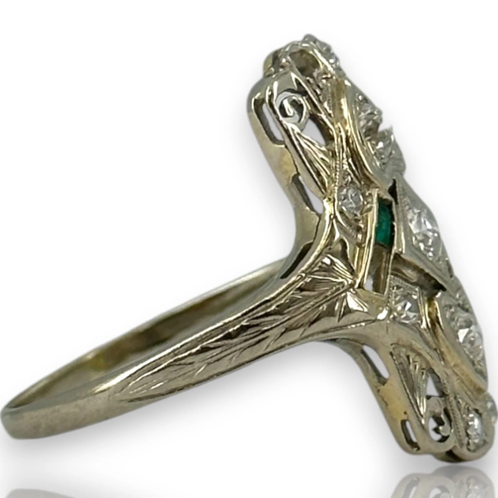 1920s Art Deco Era Solid 18kt 23.5mm Long Antique Cut Diamond Dinner Ring with 2 Heart Settings and Emerald Accents Size 10 - Image 2