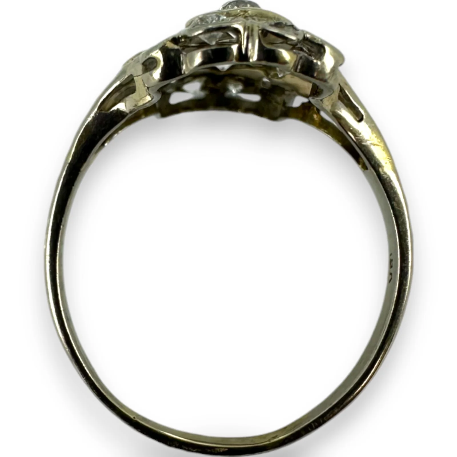 1920s Art Deco Era Solid 18kt 23.5mm Long Antique Cut Diamond Dinner Ring with 2 Heart Settings and Emerald Accents Size 10 - Image 5