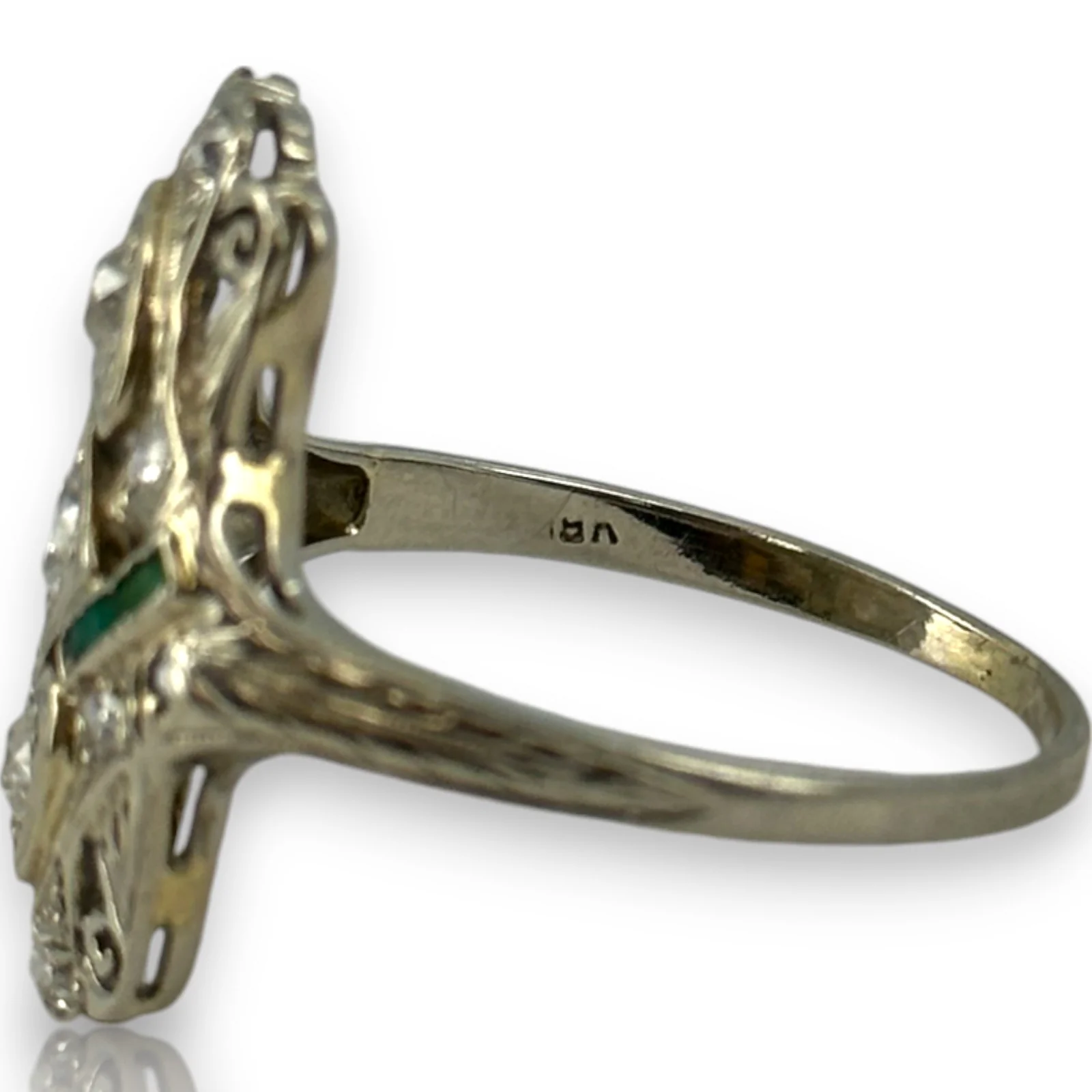 1920s Art Deco Era Solid 18kt 23.5mm Long Antique Cut Diamond Dinner Ring with 2 Heart Settings and Emerald Accents Size 10 - Image 6