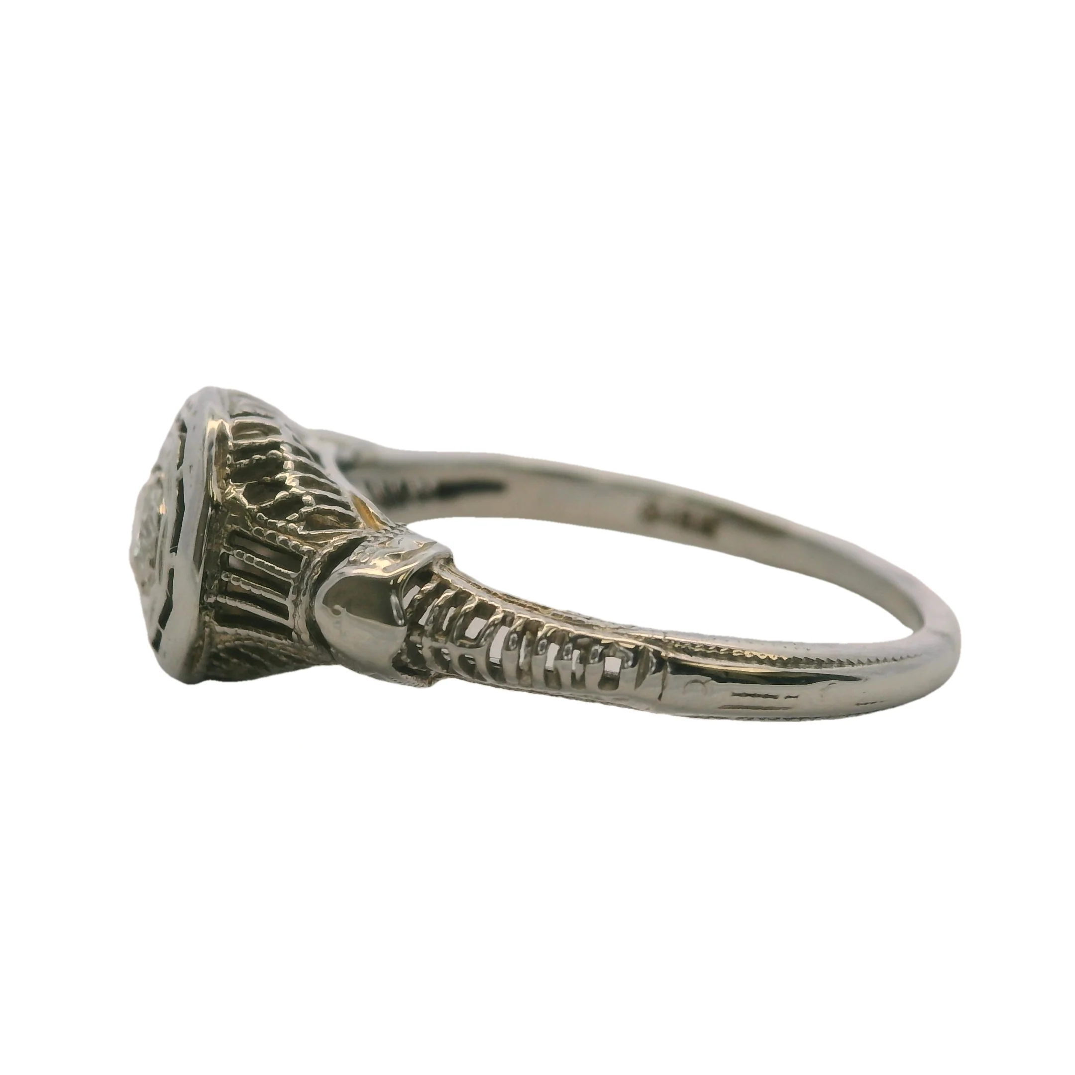 1920s Art Deco Solid 18kt White Gold and 0.15ct Diamond Solitaire Filigree Ring Size 6 - Image 3