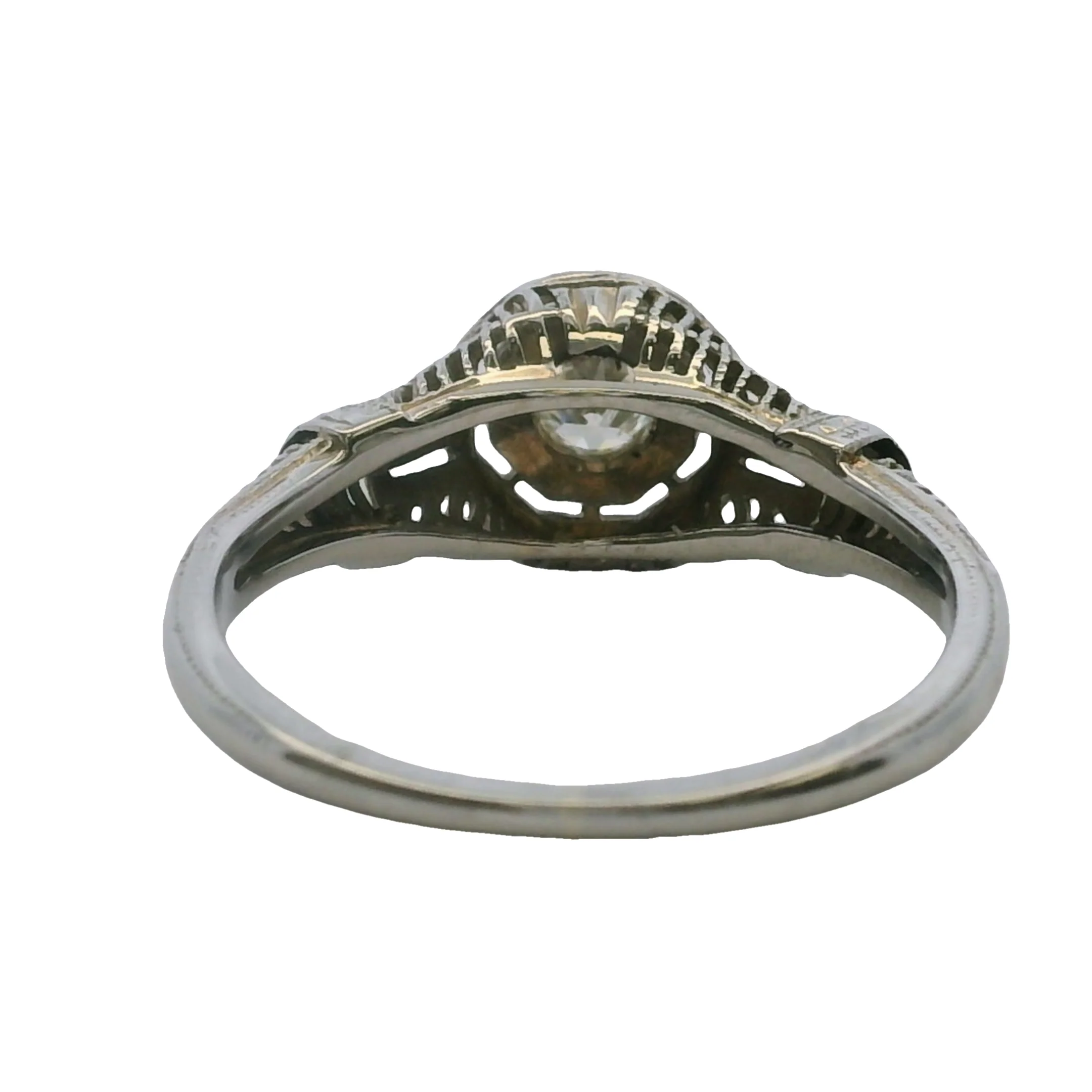 1920s Art Deco Solid 18kt White Gold and 0.15ct Diamond Solitaire Filigree Ring Size 6 - Image 4