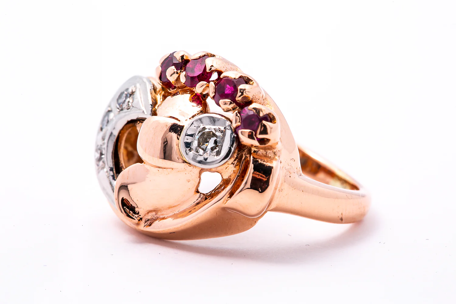 1930-50s Retro Diamond Accent Flower Band 14K 585 Rose & White Gold Ring Sz 4 - Image 4