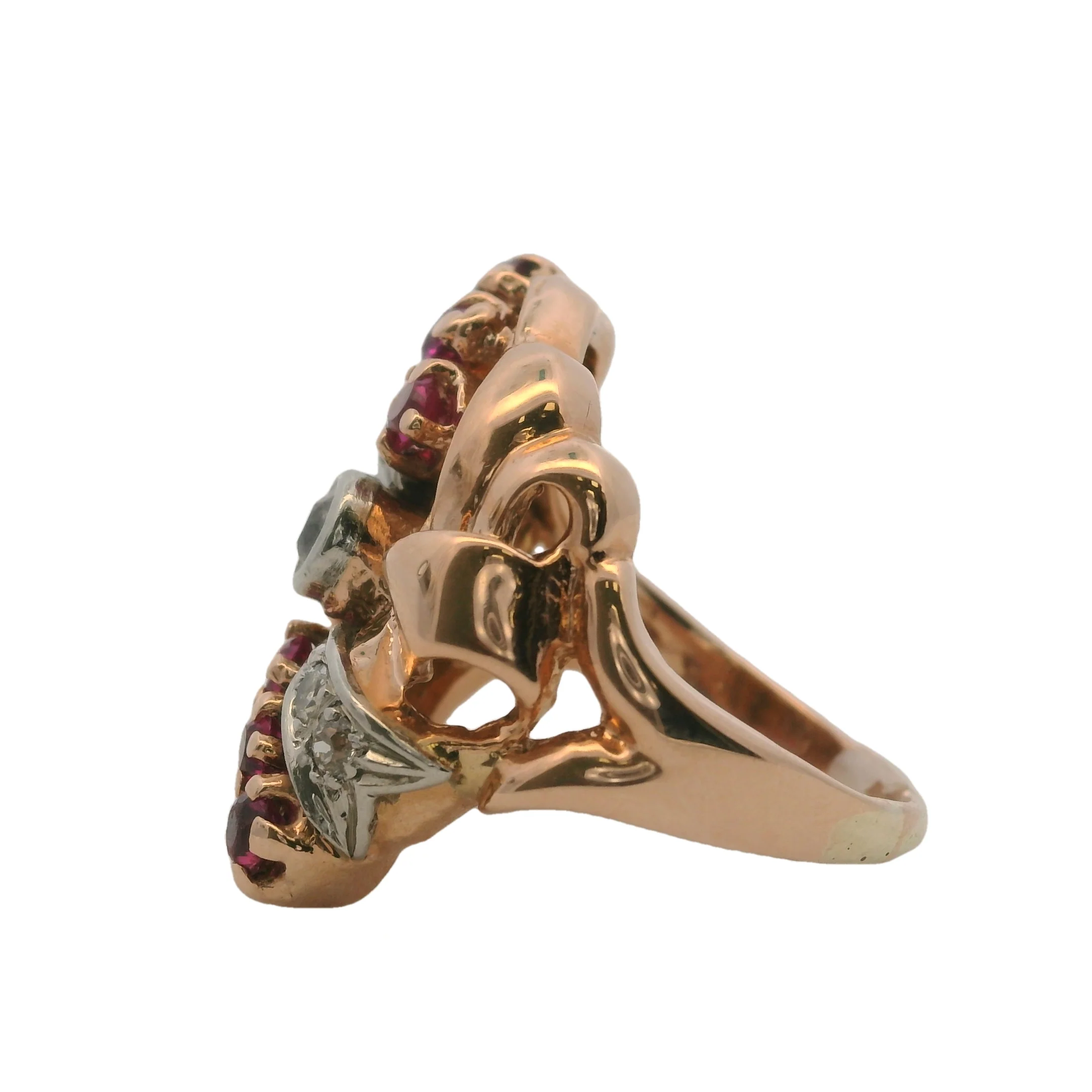 1930s Early Retro 14kt Rose Gold Ribbon Ring with Old Mine Diamonds and Lab Rubies Size 6.5 - Image 2