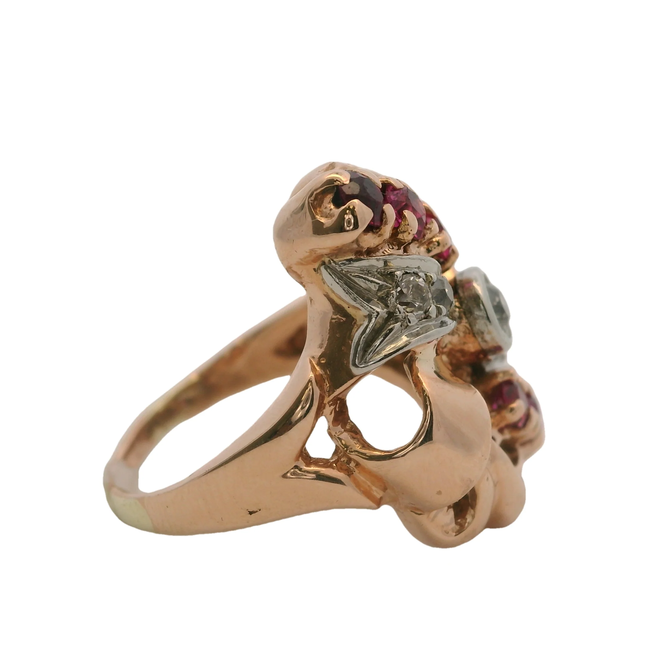 1930s Early Retro 14kt Rose Gold Ribbon Ring with Old Mine Diamonds and Lab Rubies Size 6.5 - Image 3