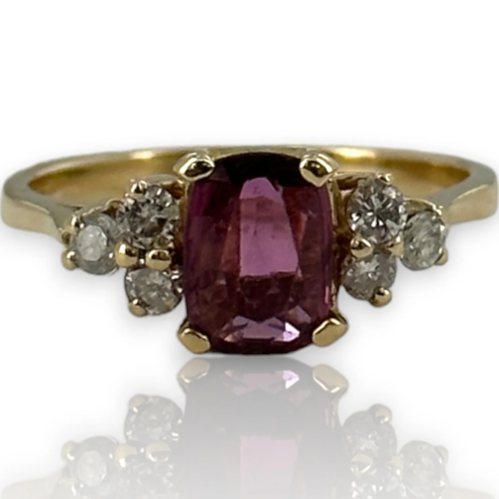 1950-70s Solid 14kt Yellow Gold Ruby Solitaire with Diamond Sides Cocktail Gemstone Ring Size 6.5
