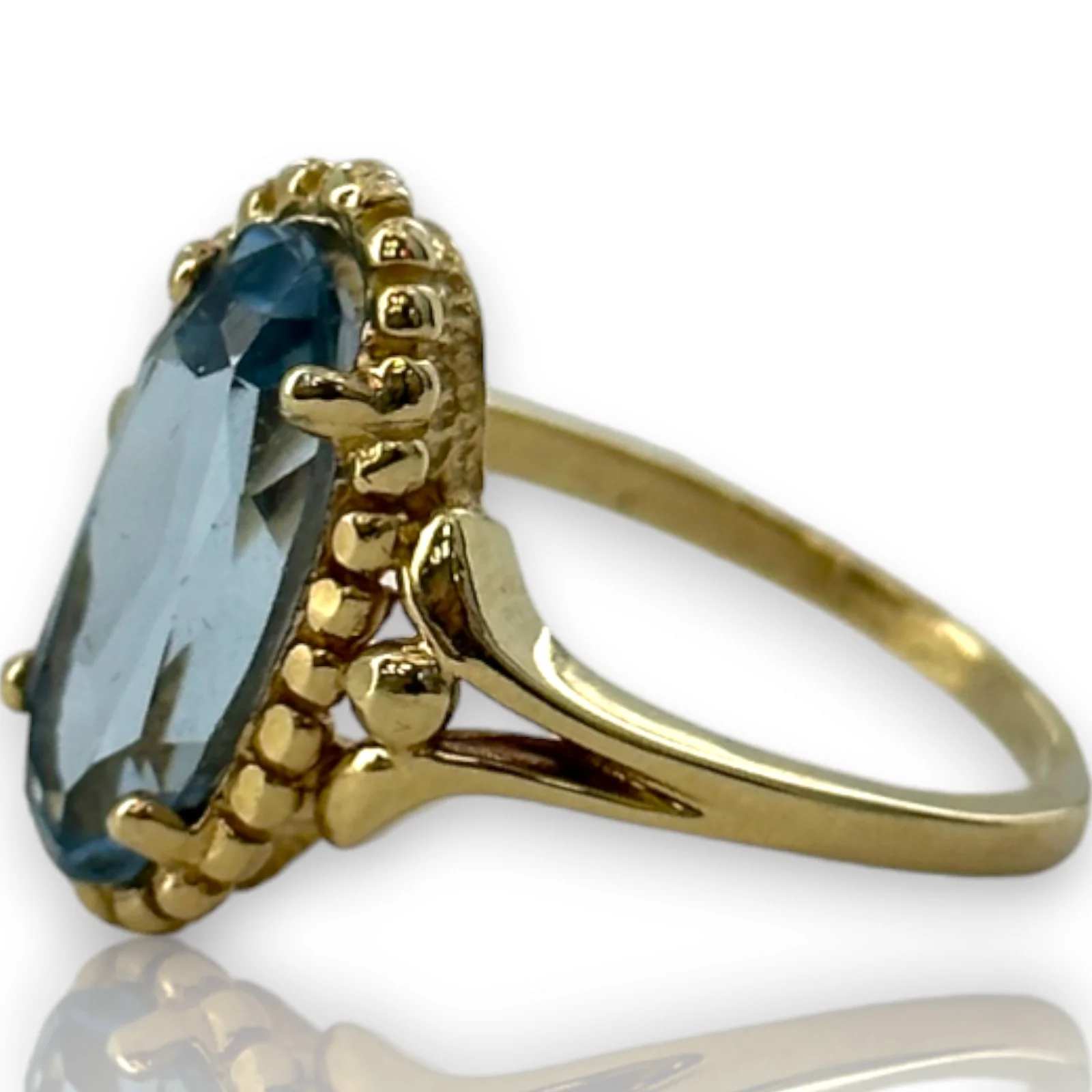 1970-80s Victorian Revival Era Solid 14kt Yellow Gold and Lab Created Blue Spinel Long Oval Solitaire Ring - Image 2