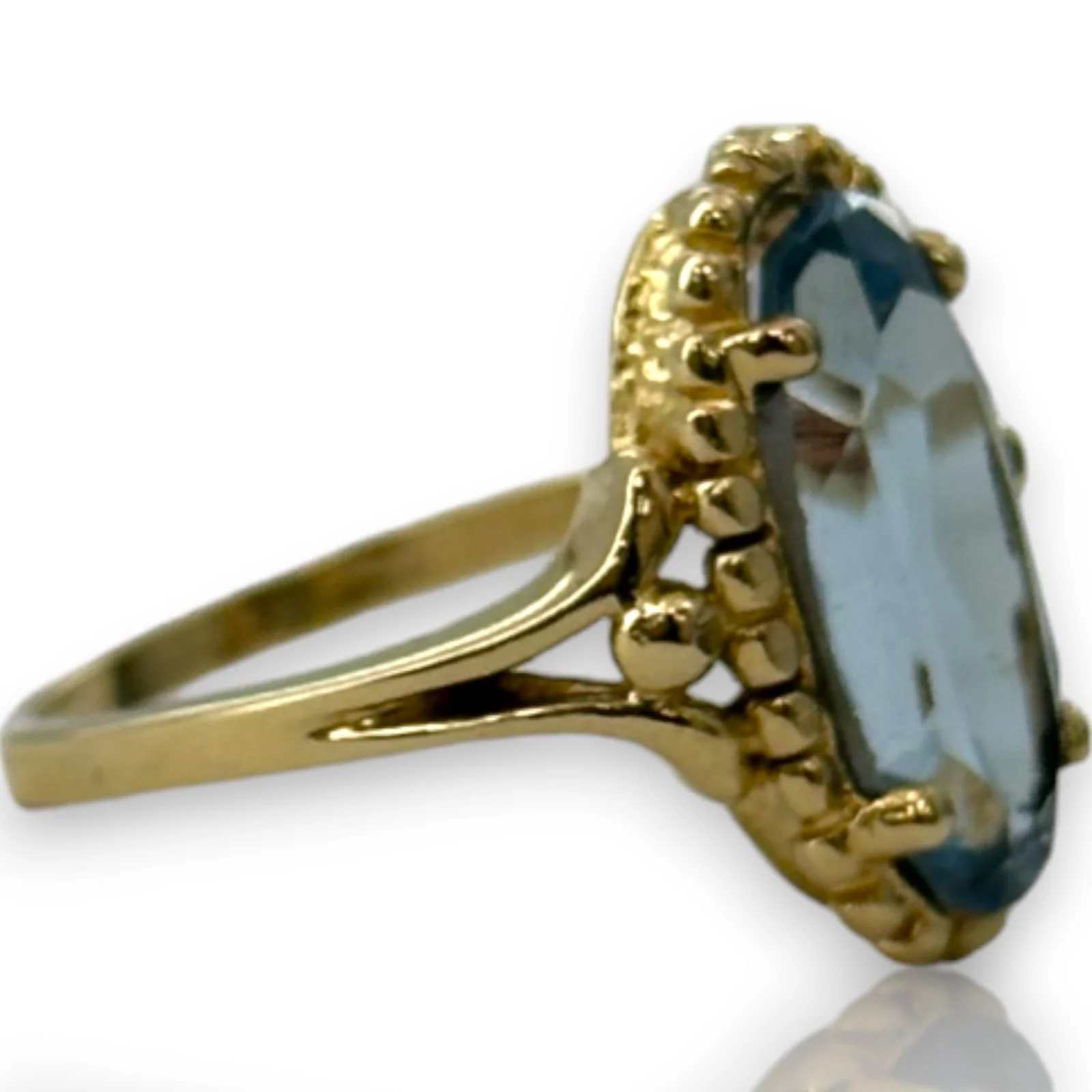 1970-80s Victorian Revival Era Solid 14kt Yellow Gold and Lab Created Blue Spinel Long Oval Solitaire Ring - Image 3