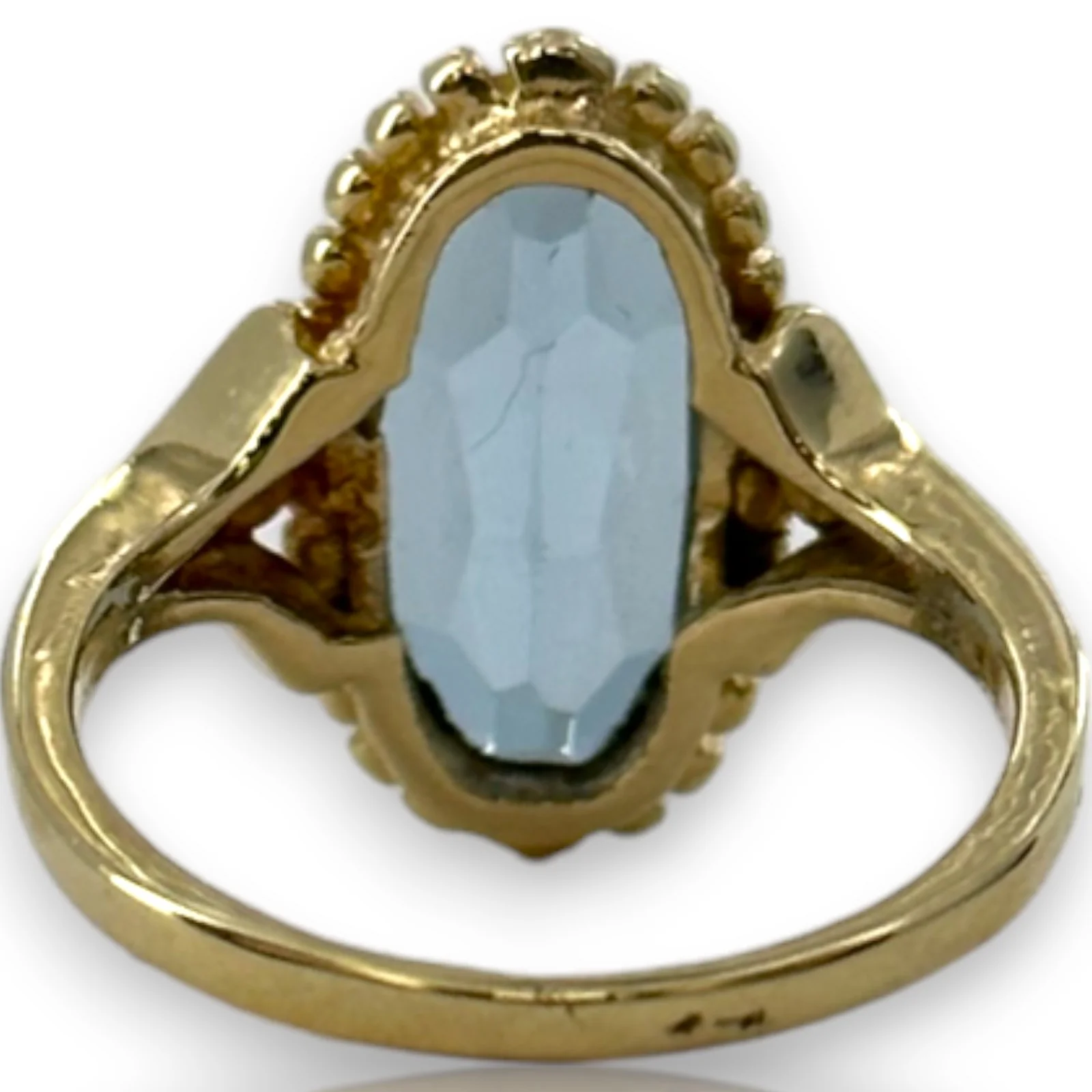 1970-80s Victorian Revival Era Solid 14kt Yellow Gold and Lab Created Blue Spinel Long Oval Solitaire Ring - Image 4