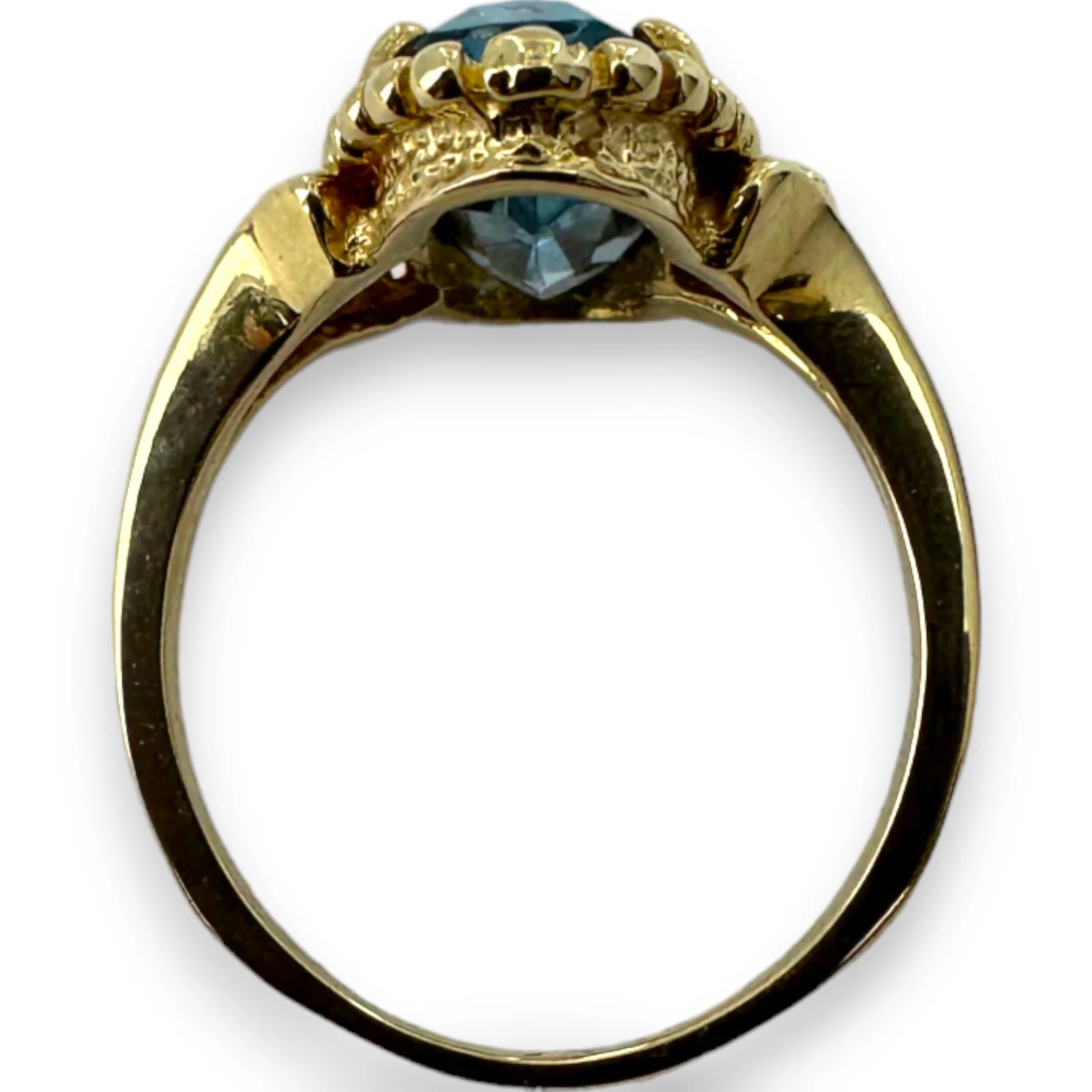 1970-80s Victorian Revival Era Solid 14kt Yellow Gold and Lab Created Blue Spinel Long Oval Solitaire Ring - Image 5