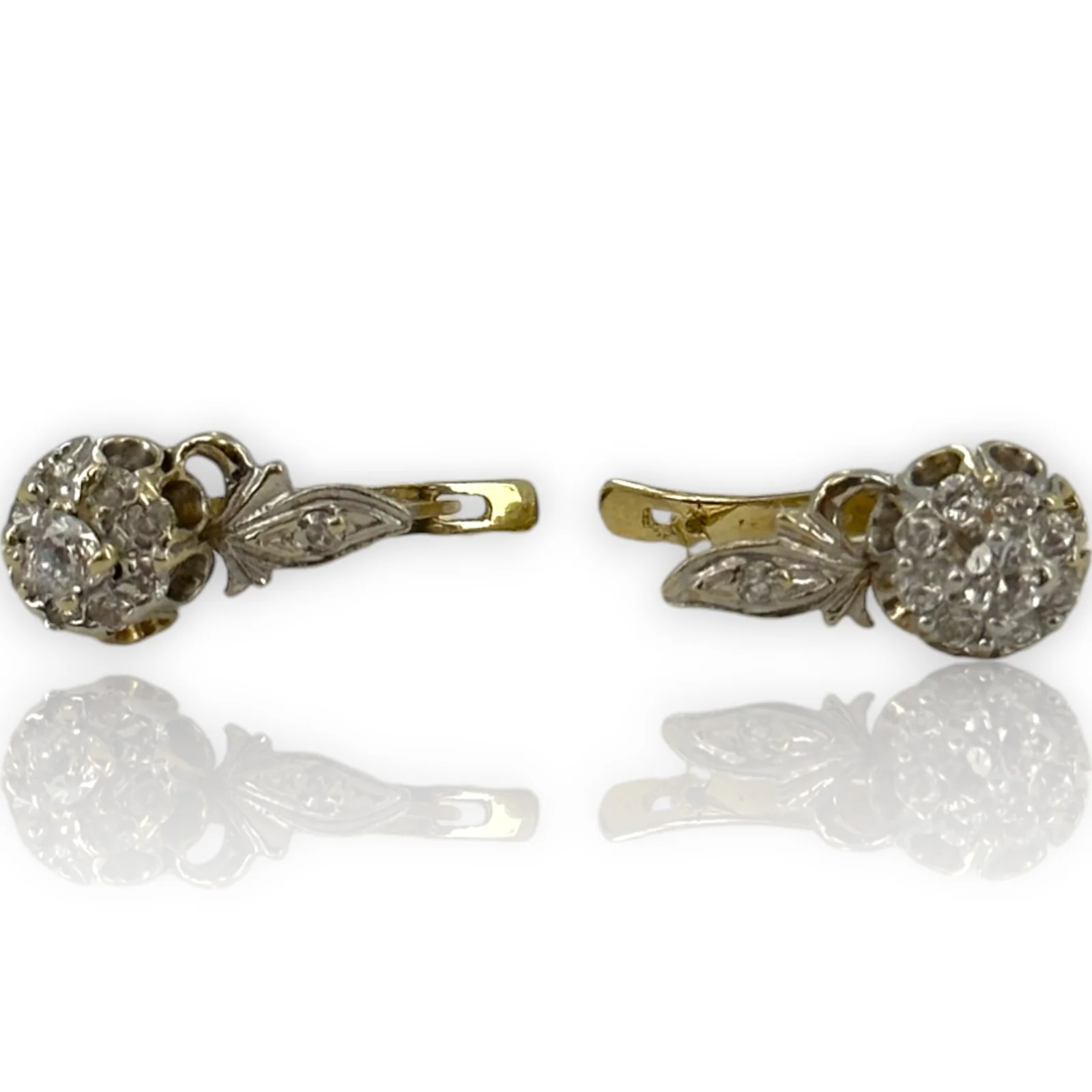 1970s Victorian Revival Solid 14kt White and Yellow Gold Sleeper-Style Cubic Zirconia (CZ) Snap Closure Huggie Earrings - Image 4
