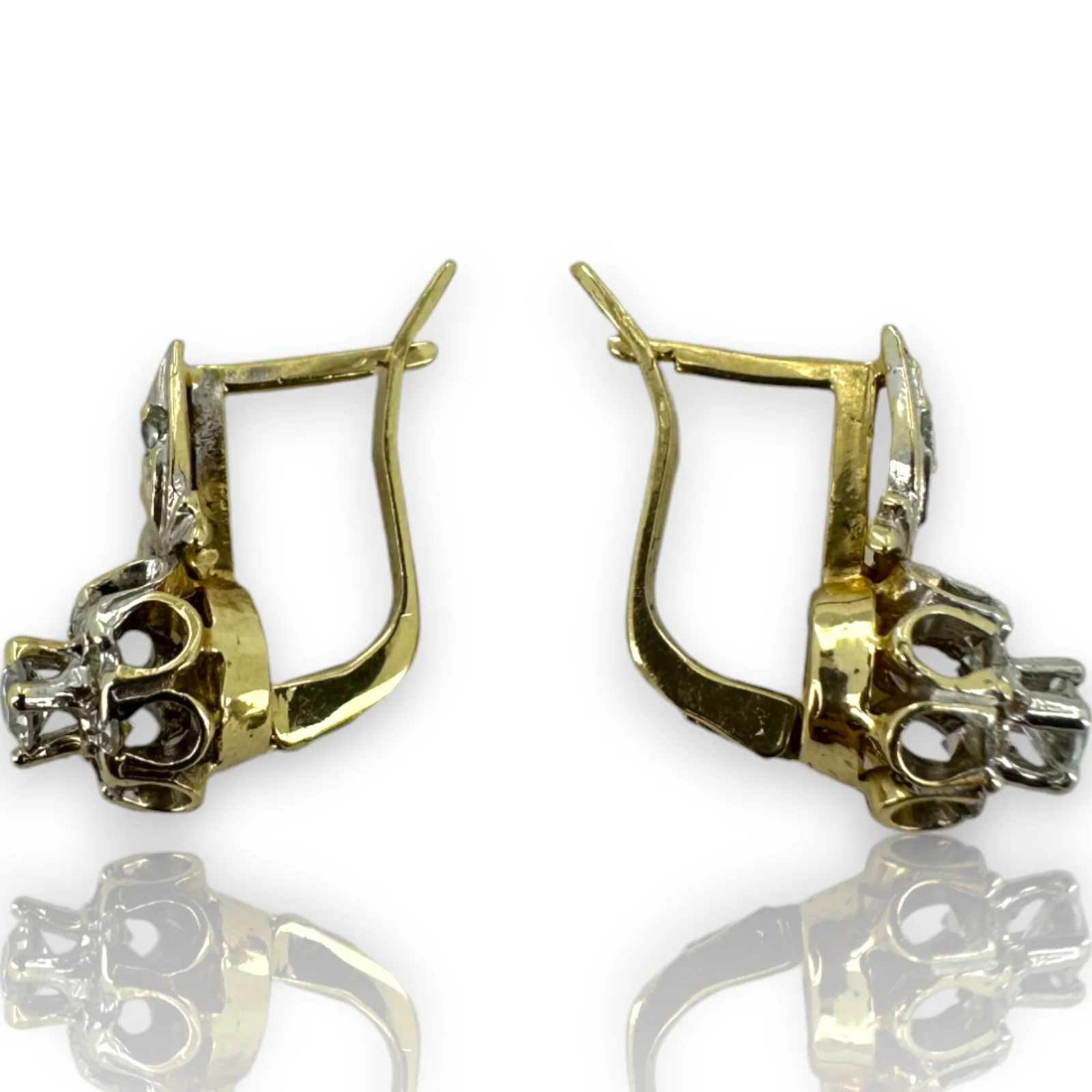 1970s Victorian Revival Solid 14kt White and Yellow Gold Sleeper-Style Cubic Zirconia (CZ) Snap Closure Huggie Earrings - Image 5
