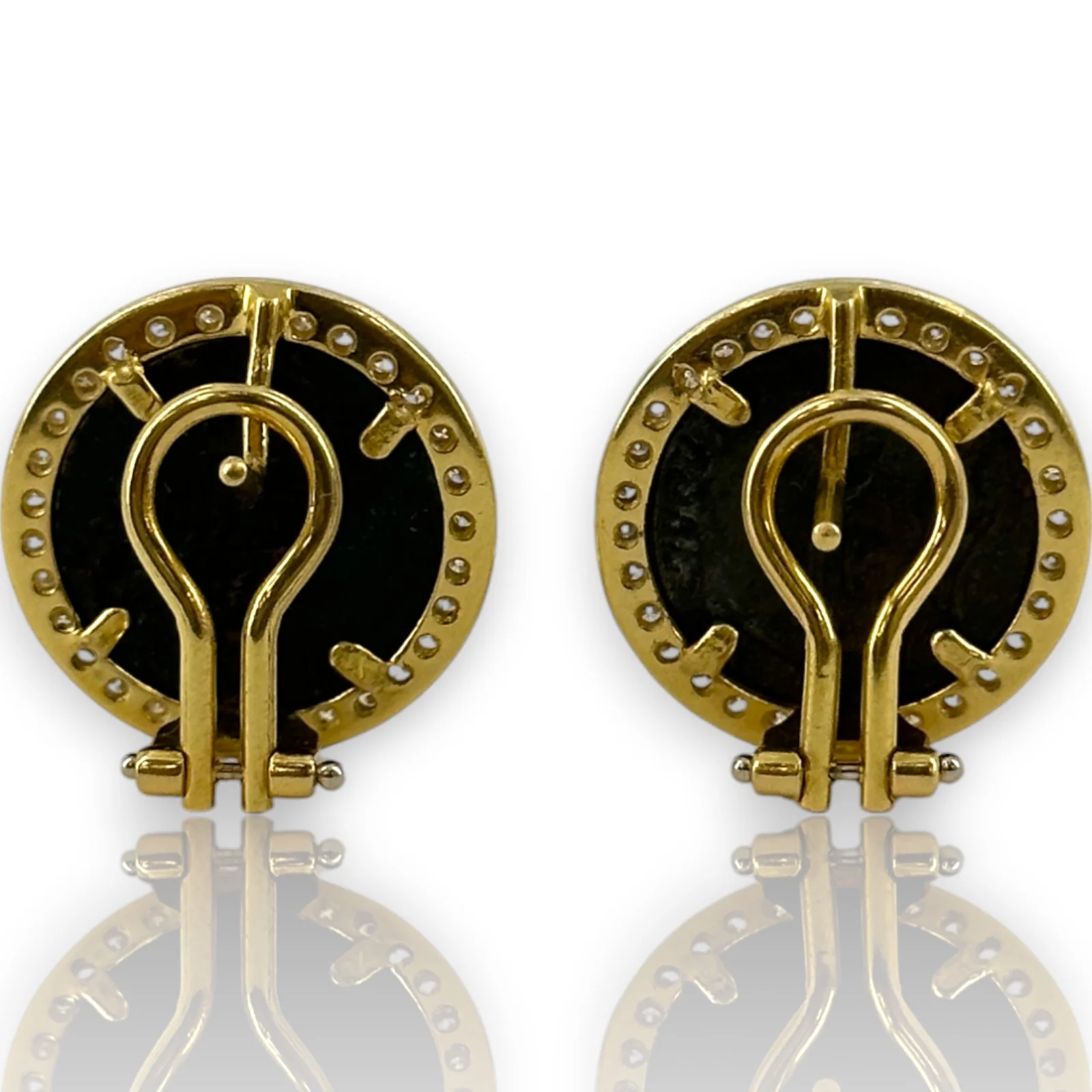 1980s Adriano Chimento 18kt Solid Yellow Gold 20mm Roman Coin Omega-Back Stud Earrings with Diamond Halo Made in Italy - Image 3