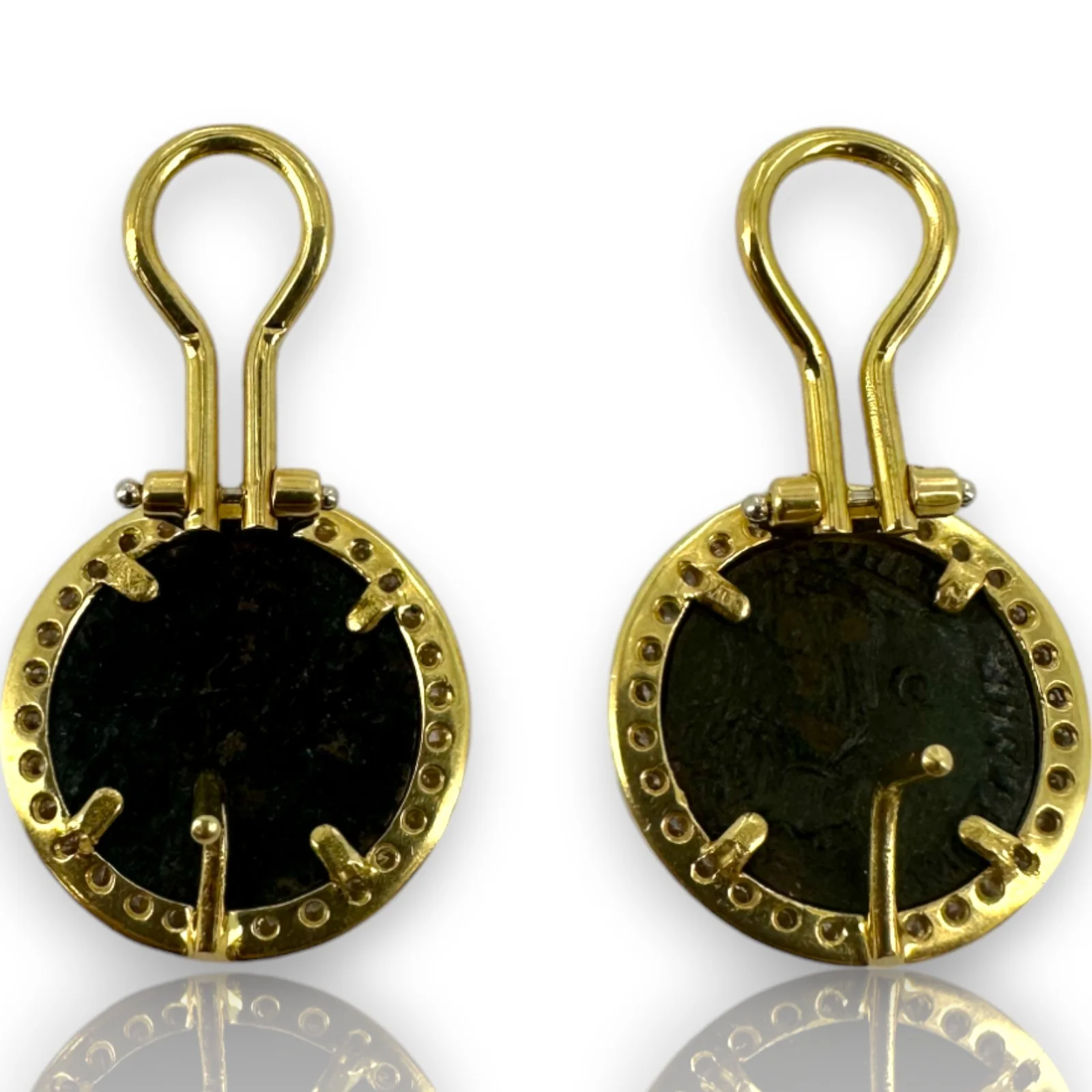 1980s Adriano Chimento 18kt Solid Yellow Gold 20mm Roman Coin Omega-Back Stud Earrings with Diamond Halo Made in Italy - Image 4