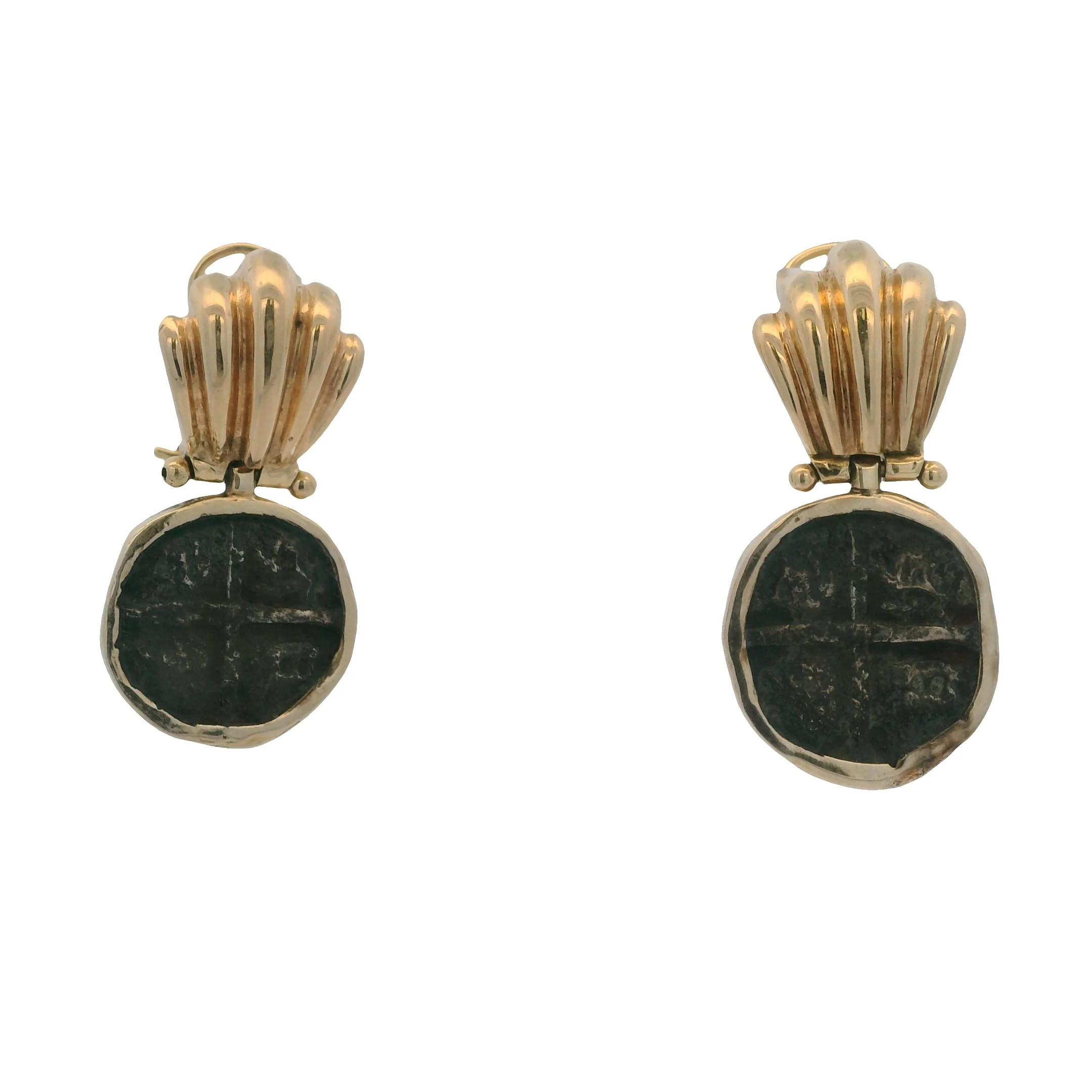 1980s Solid 14kt Yellow Gold Bezel-Set Atocha Shipwreck Coin Omega-Back Drop/Dangle Earrings - Image 2