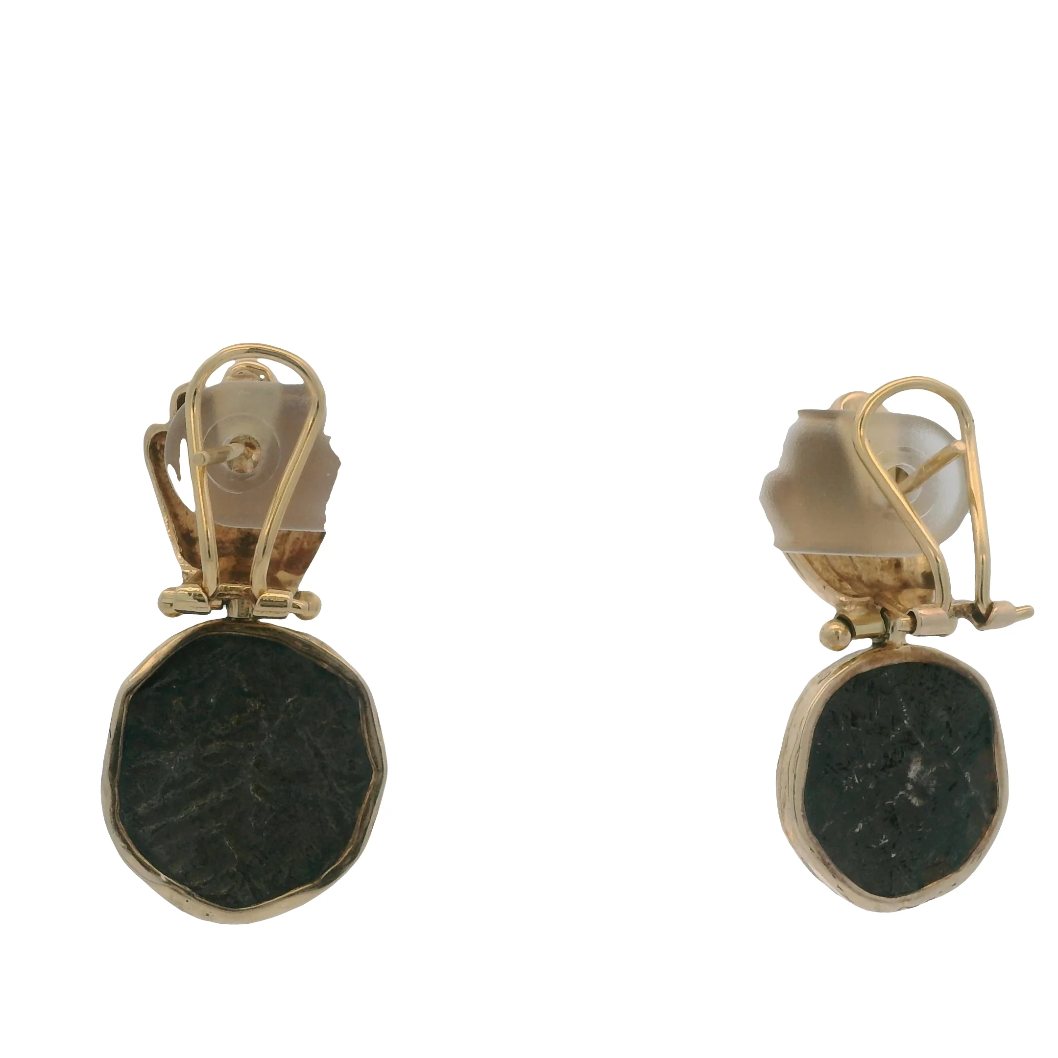1980s Solid 14kt Yellow Gold Bezel-Set Atocha Shipwreck Coin Omega-Back Drop/Dangle Earrings - Image 6