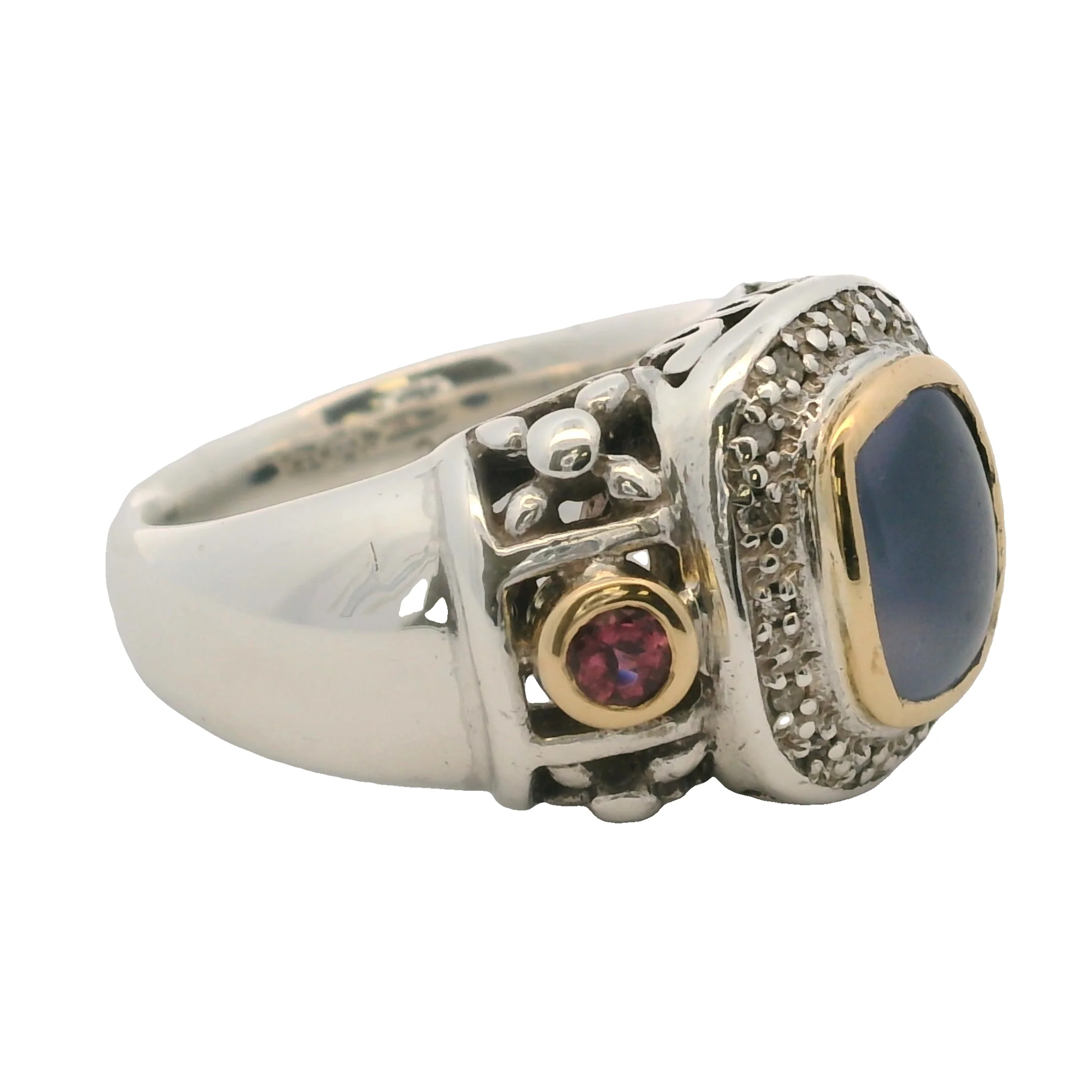 925 Sterling Silver and 18kt Yellow Gold Chalcedony, Ruby, and Diamond Halo Cocktail Ring Size 8 - Image 3