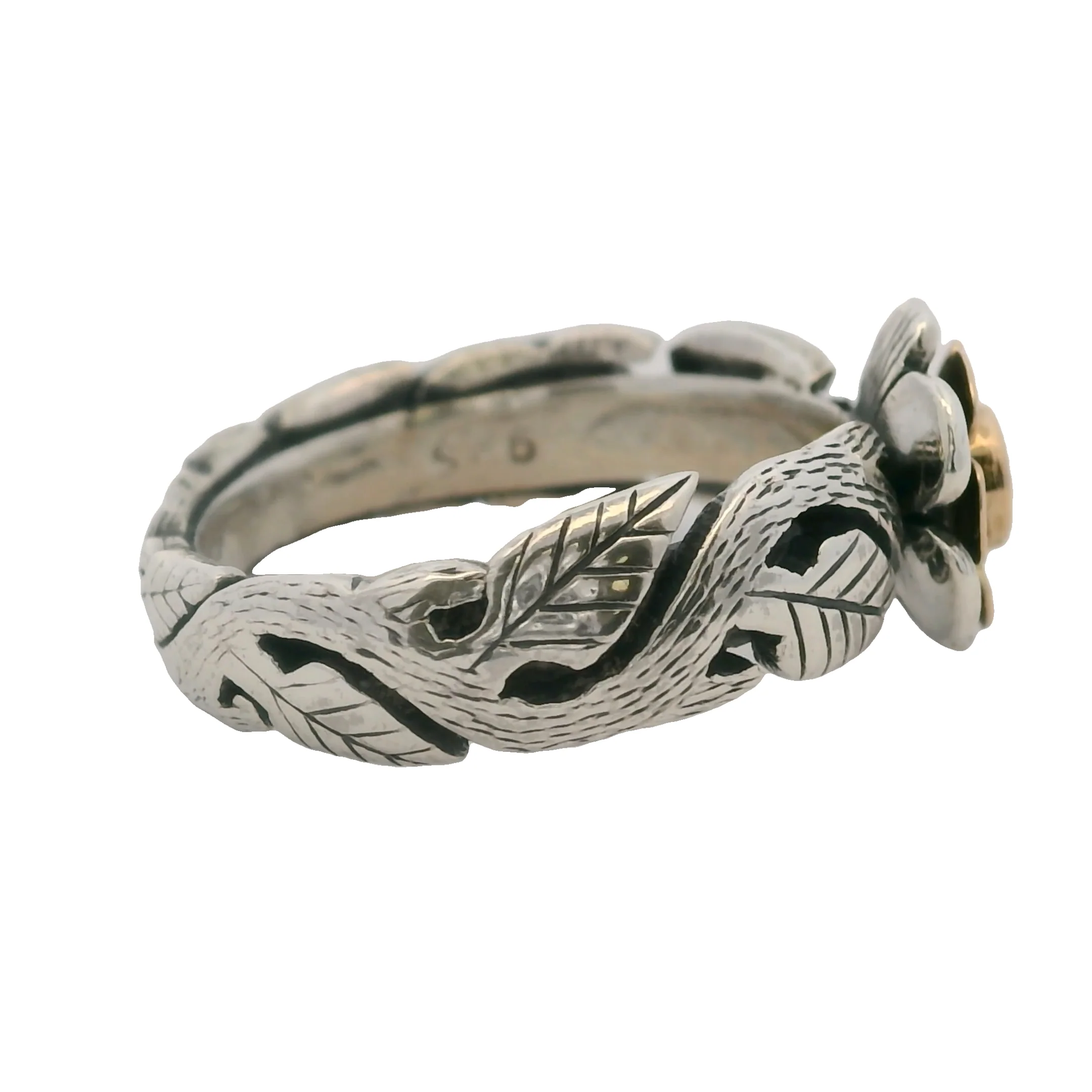 925 Sterling Silver and 18kt Yellow Gold Flower Leaf Ring With Center Emerald Size 5 - Image 2