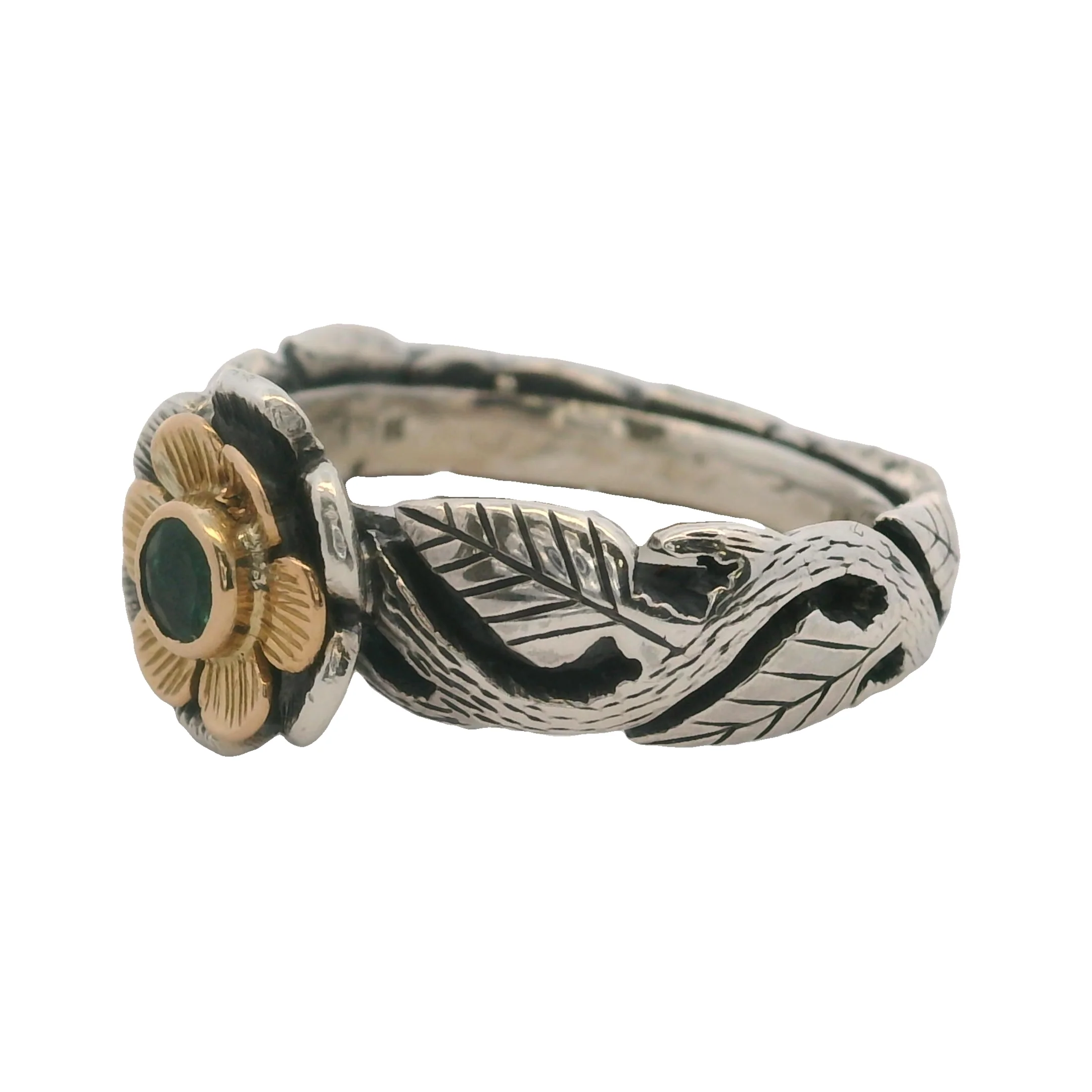 925 Sterling Silver and 18kt Yellow Gold Flower Leaf Ring With Center Emerald Size 5 - Image 5