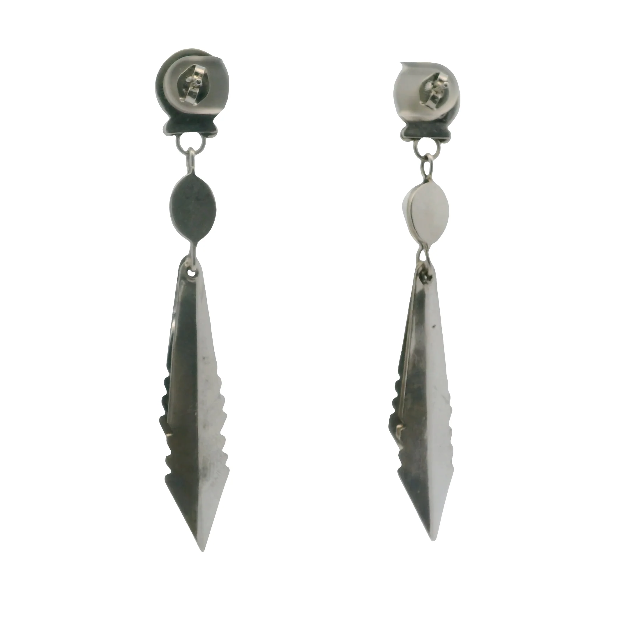 925 Sterling Silver and Turquoise Native American Feather Drop/Dangle 2.8" Earrings - Image 2