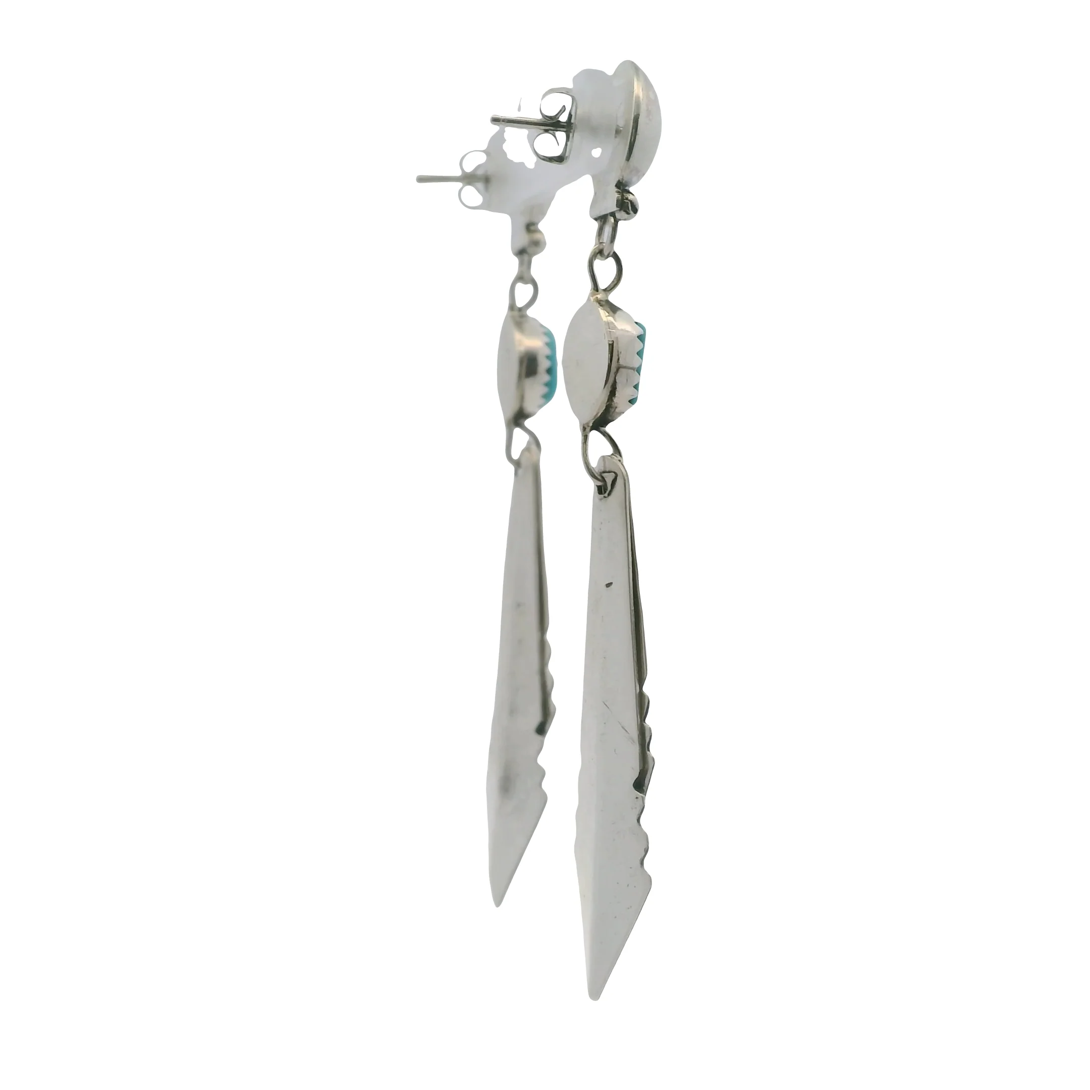 925 Sterling Silver and Turquoise Native American Feather Drop/Dangle 2.8" Earrings - Image 4